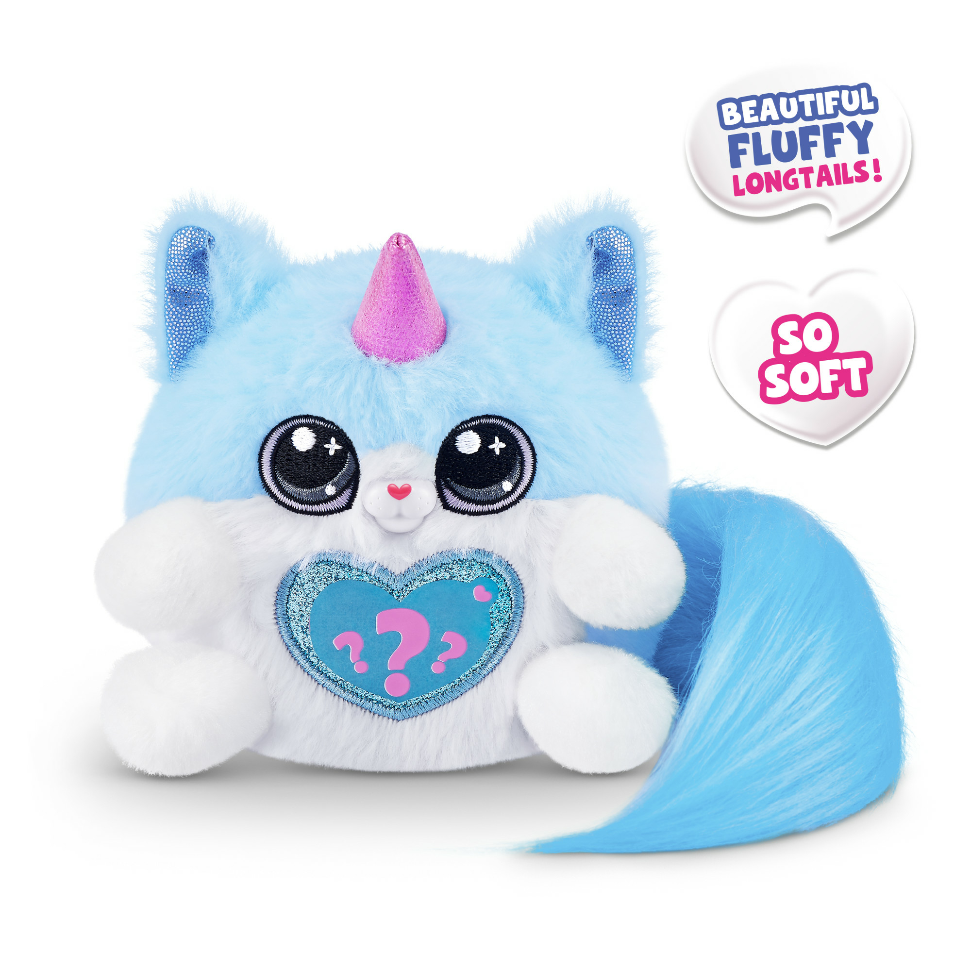 Pluszowa zabawka jednorożca-kota w kolorze niebiesko-białym z różowym rogiem i niebieskim ogonem. Ma duże oczy i sercowatą klatkę piersiową.