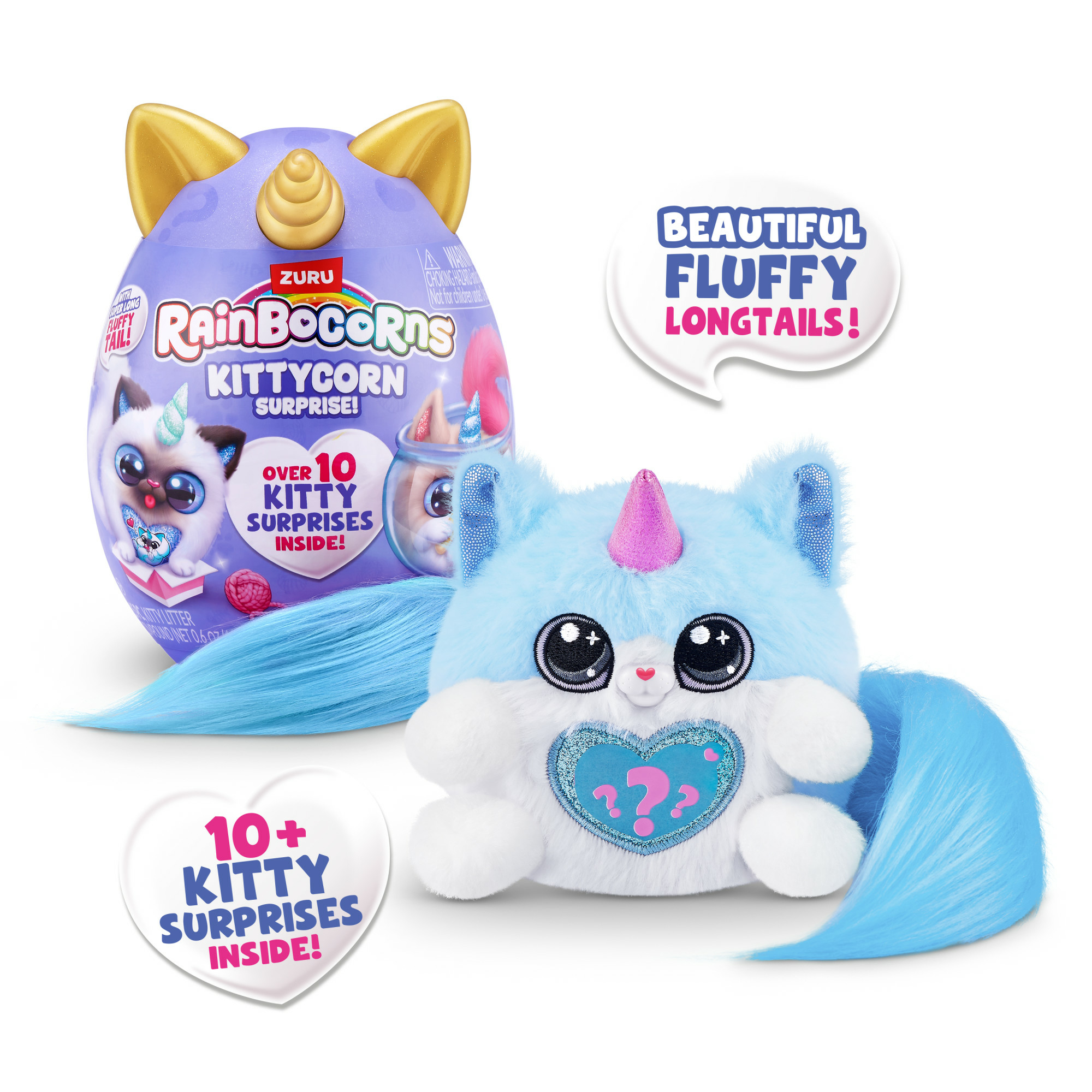 Zabawka Rainbocorns Kittycorn z niebieskim ogonem, fioletowym jajkiem i dymkami z napisem 'Beautiful Fluffy Longtails!'