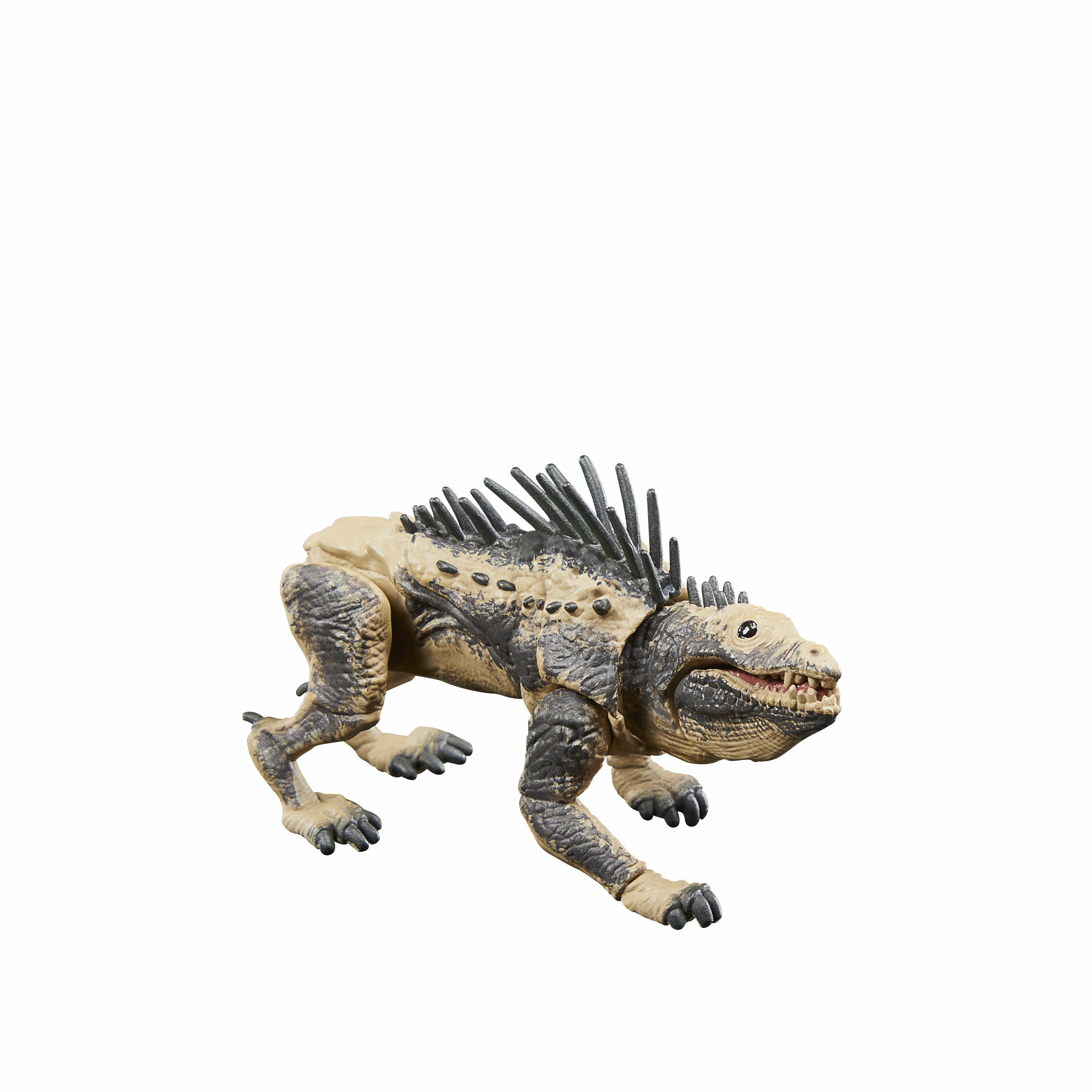 Una criatura de juguete parecida a un lagarto con púas en la espalda. Tiene colores beige y gris oscuro y está sobre un fondo blanco.