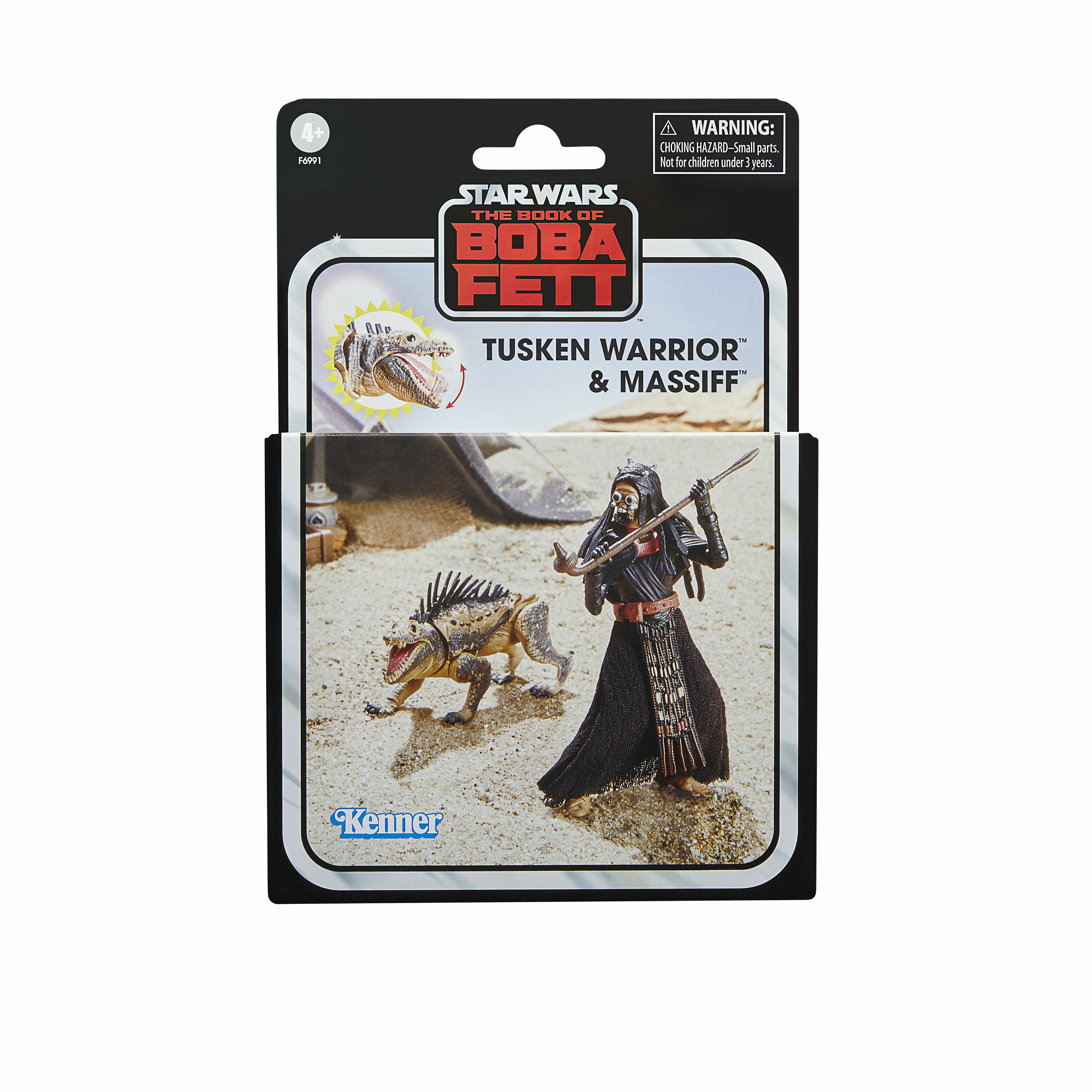 El empaque del juguete The Book of Boba Fett muestra figuras de Tusken Warrior y Massiff sobre un fondo desértico.
