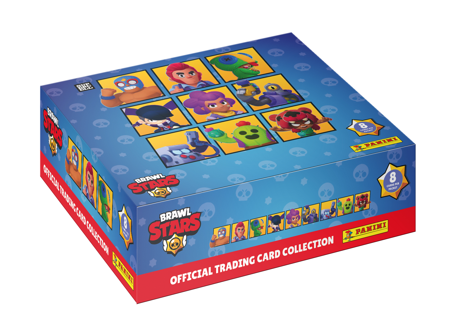 Eine Brawl Stars Sammelkartenbox, blau mit Charakterbildern. Enthält 8 Karten pro Packung. 'Offizielle Sammelkartenkollektion' steht drauf.