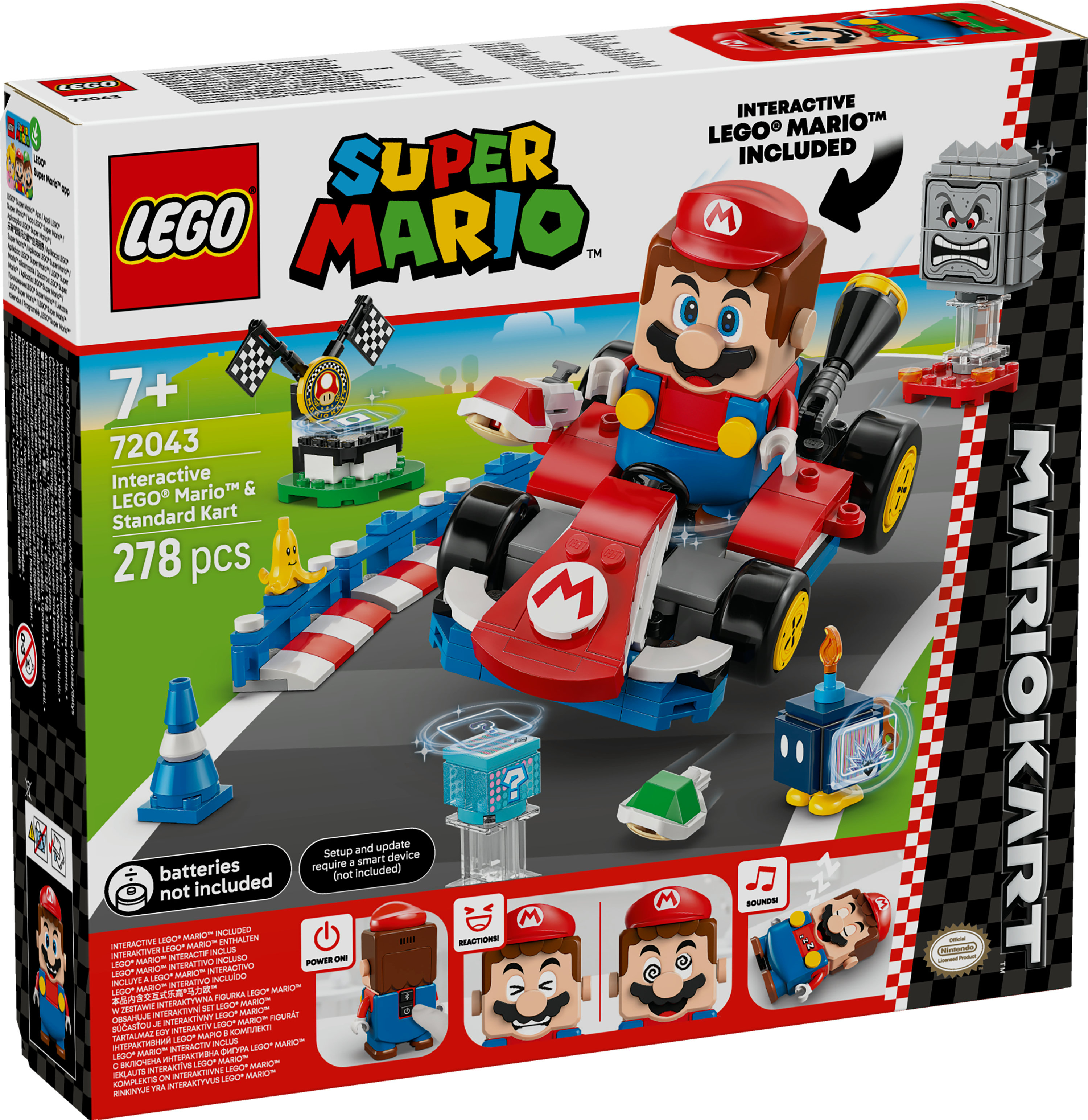Scatola Lego Super Mario. Set di Mario Kart con personaggio di Mario, Thwomp e un punto interrogativo. Bianco, rosso, blu e giallo.