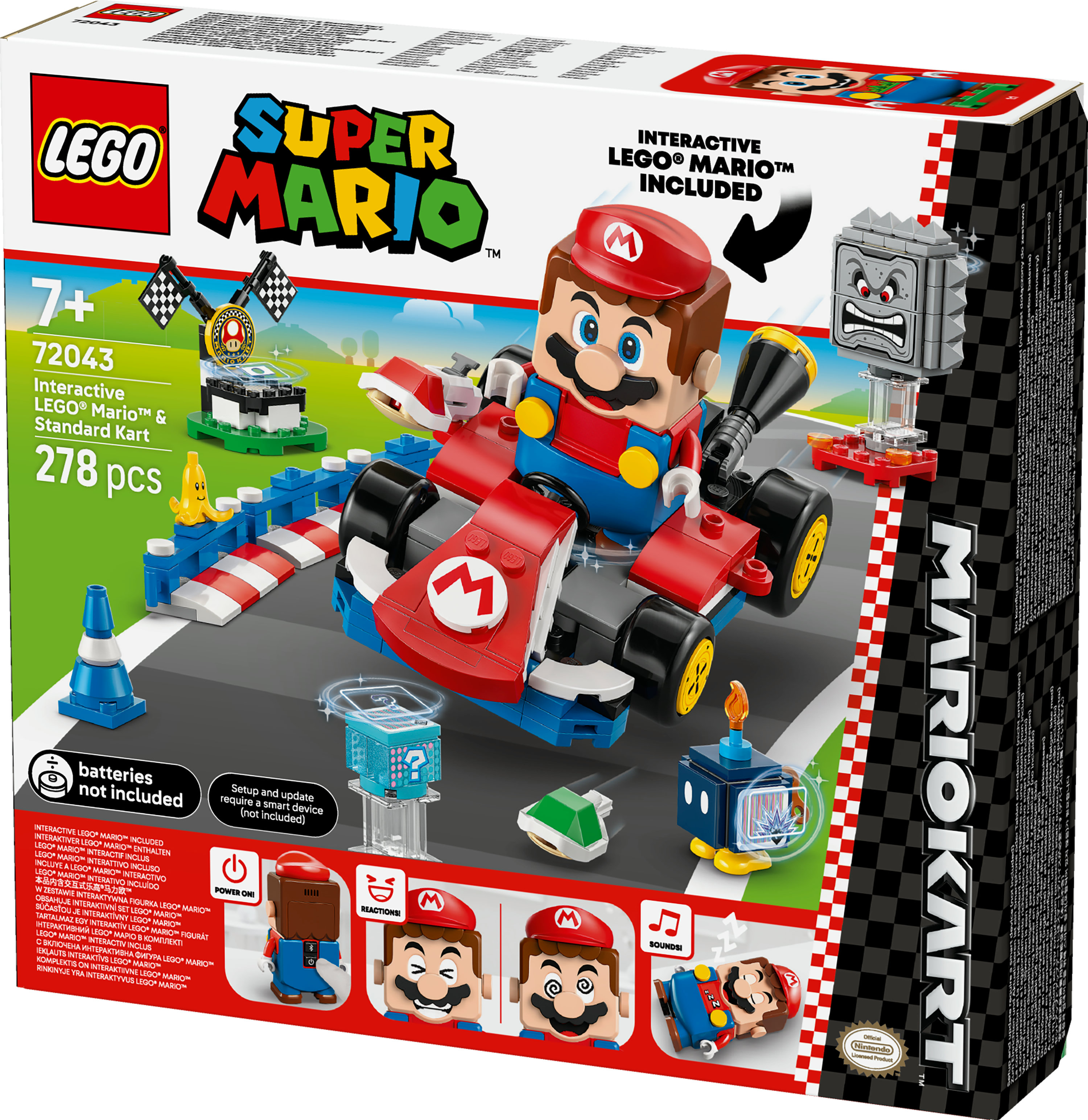 Scatola del set Lego Super Mario. Mario nel kart. Contiene 278 pezzi. Include Lego Mario interattivo.