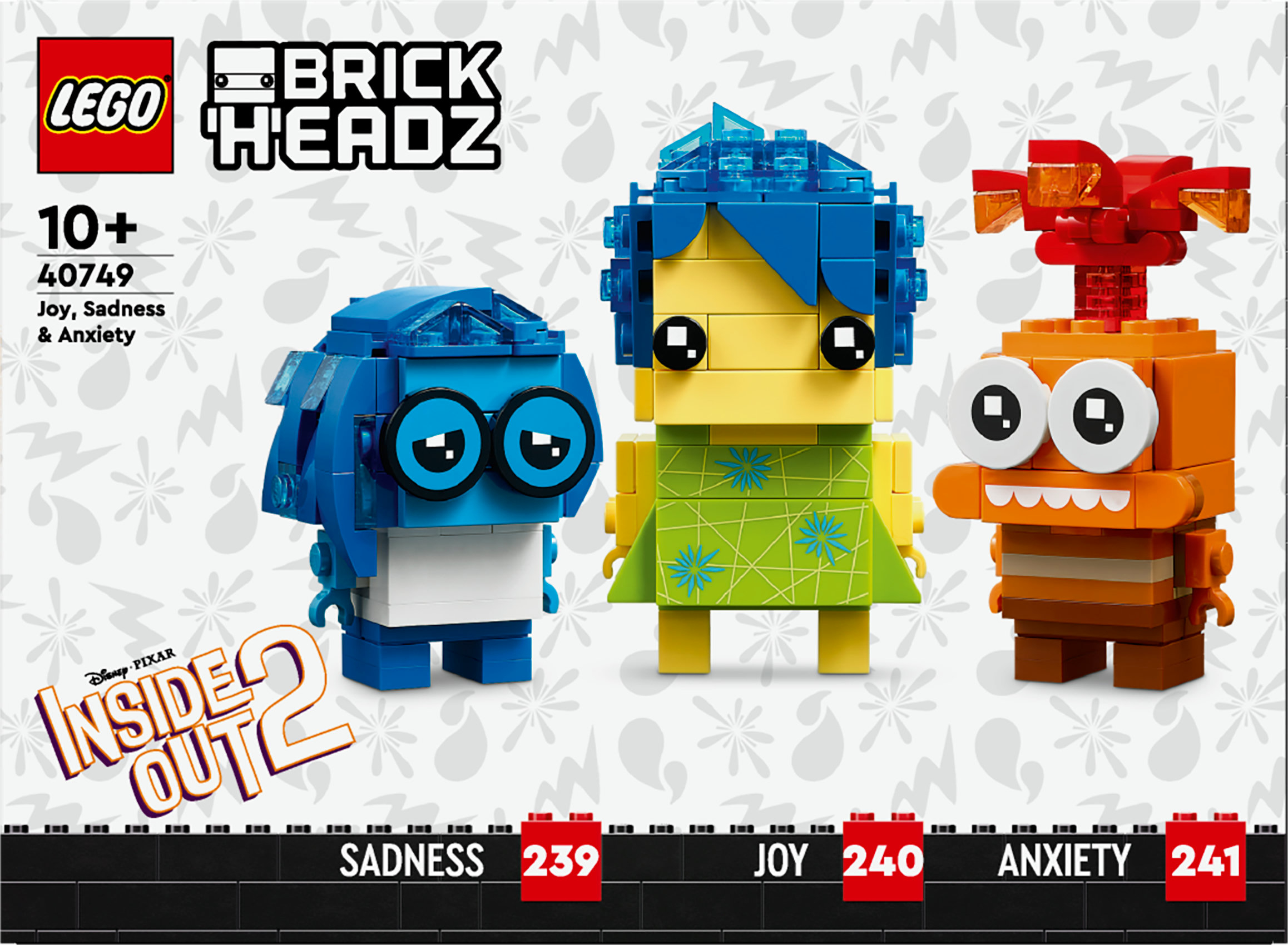 Ensemble LEGO BrickHeadz avec les personnages Joie, Tristesse et Anxiété de Inside Out 2, logo LEGO visible.