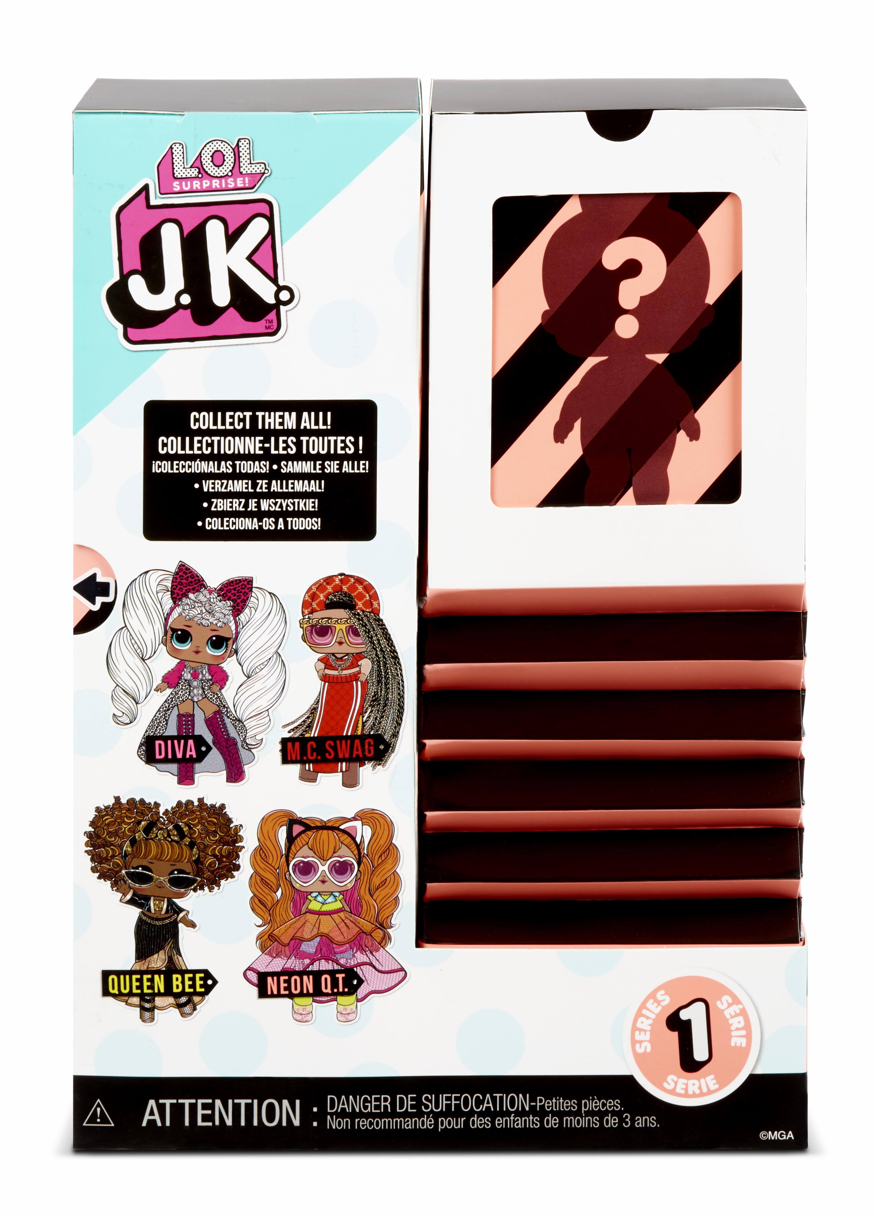 Schachtelkunst für LOL Surprise! Puppe. Mit Puppen, Text und einer unbekannten Puppensilhouette mit Fragezeichen.