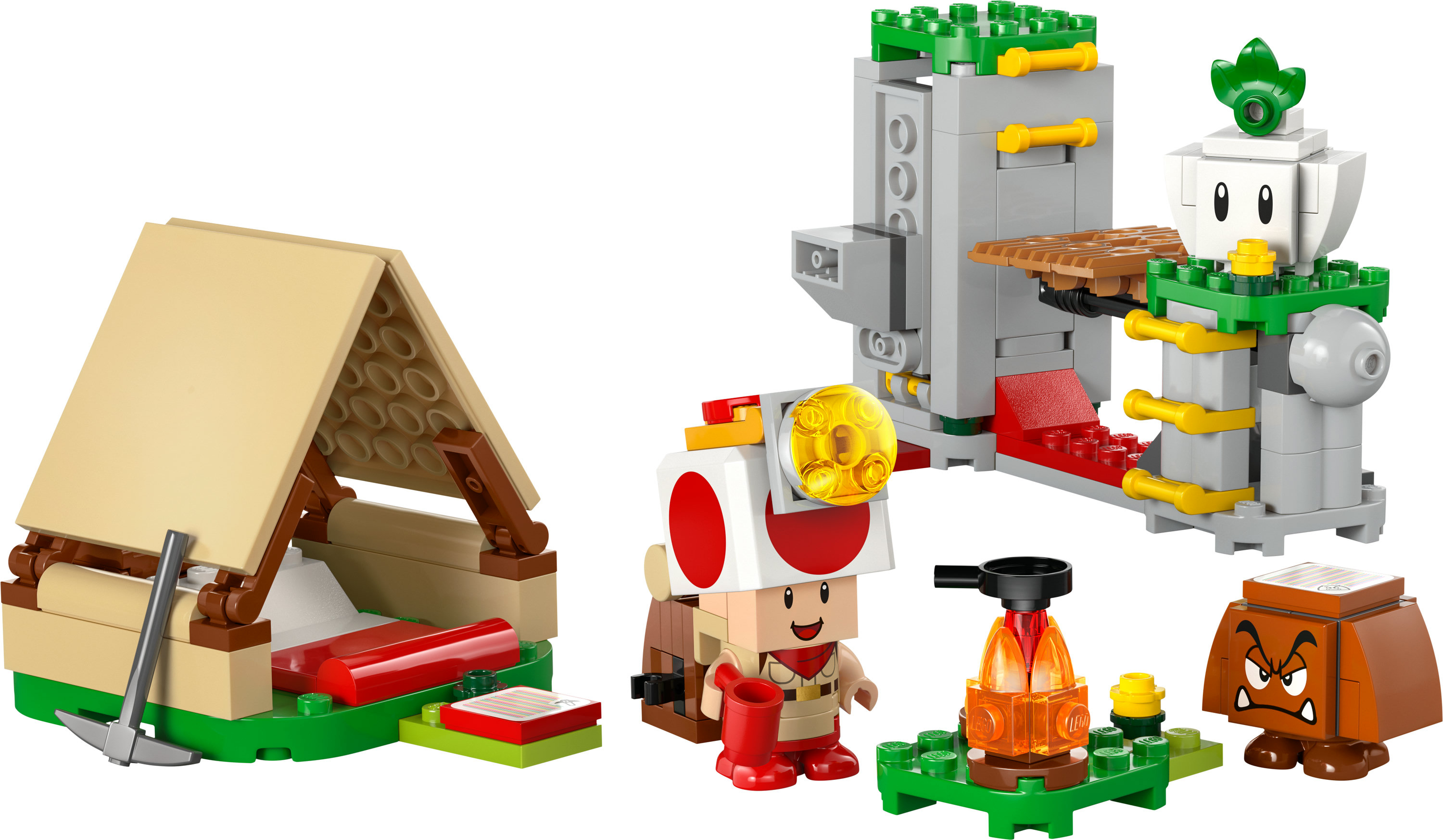 Zestaw LEGO z namiotem, Toadem, ogniskiem, konstrukcją z postacią i Goombą, wszystko zbudowane z kolorowych klocków.