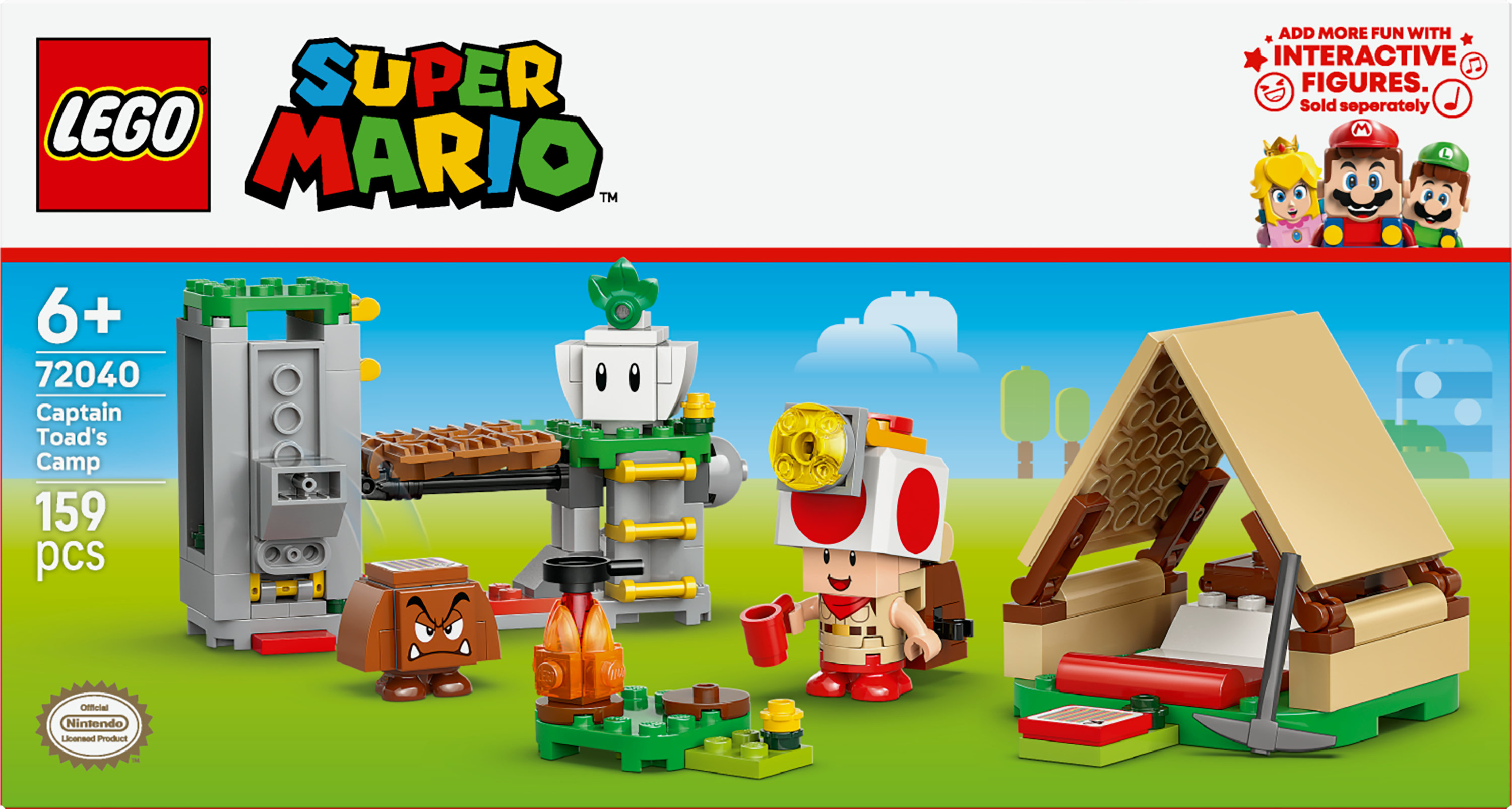 Zestaw Lego Super Mario. Zawiera Kapitana Toada, Goombę, ognisko, namiot i inne elementy konstrukcyjne.