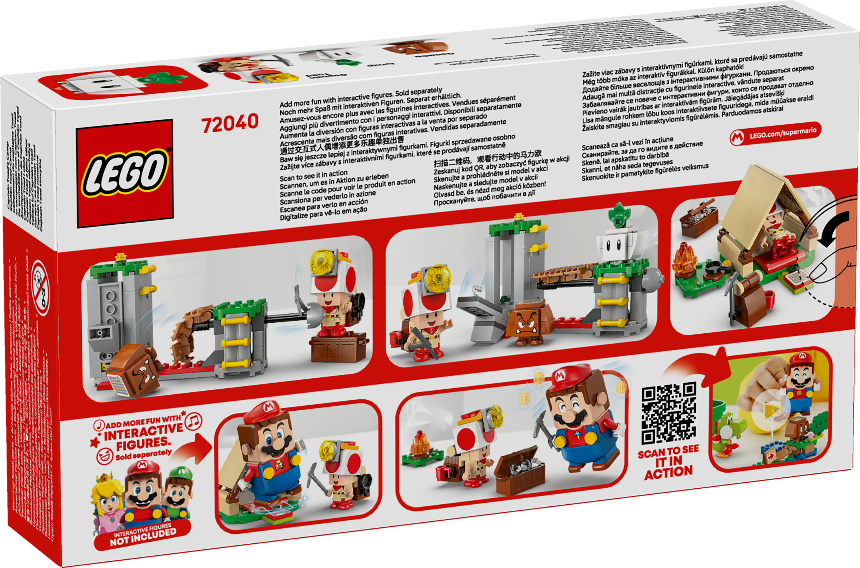 Pudełko Lego z figurkami Mario i różnymi scenami, w tym Toadem i innymi elementami.