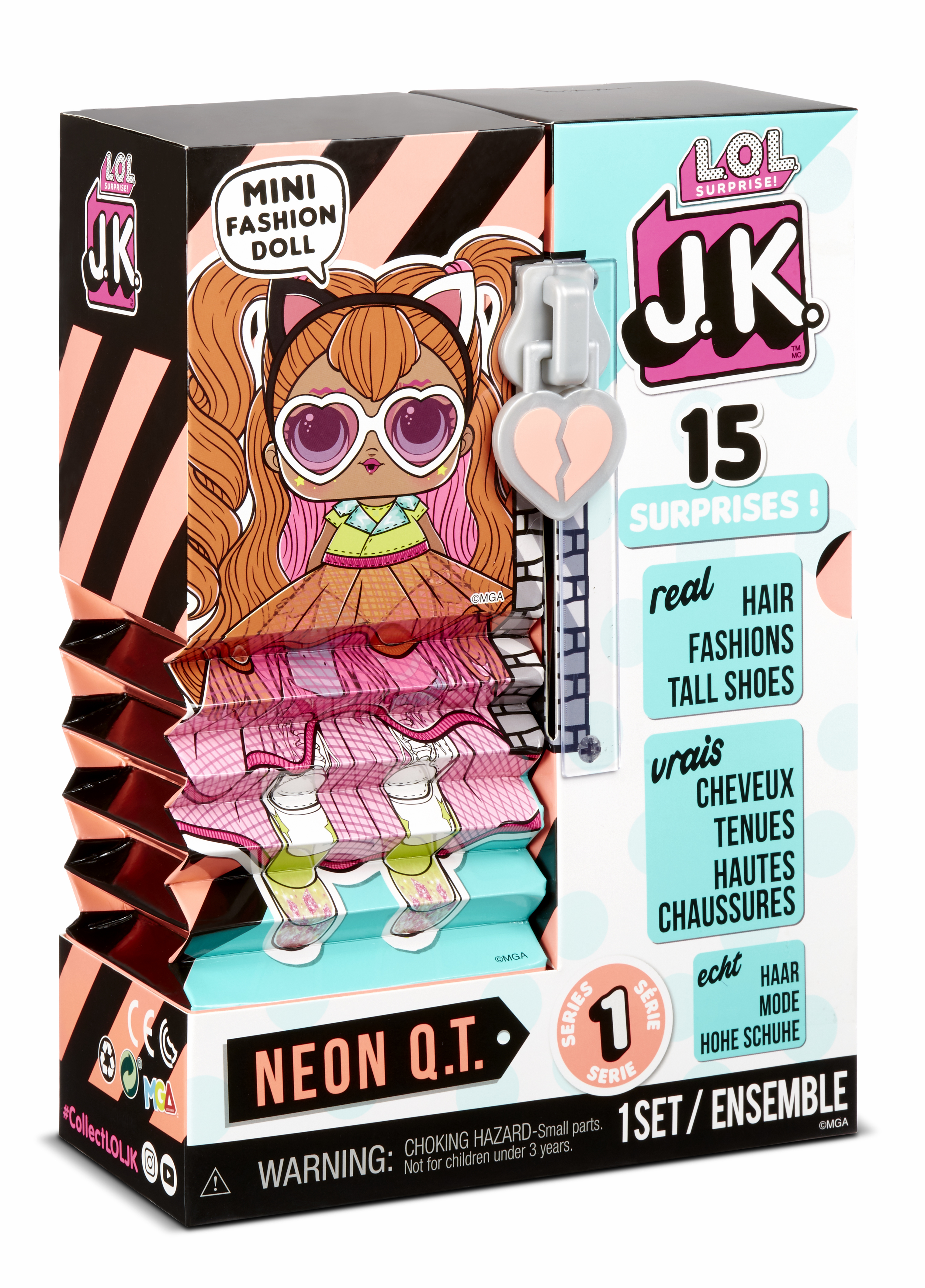 Box-Art für eine LOL Surprise-Puppe. Enthält eine Puppenillustration und Text, der den Inhalt und die Anzahl der Überraschungen angibt.
