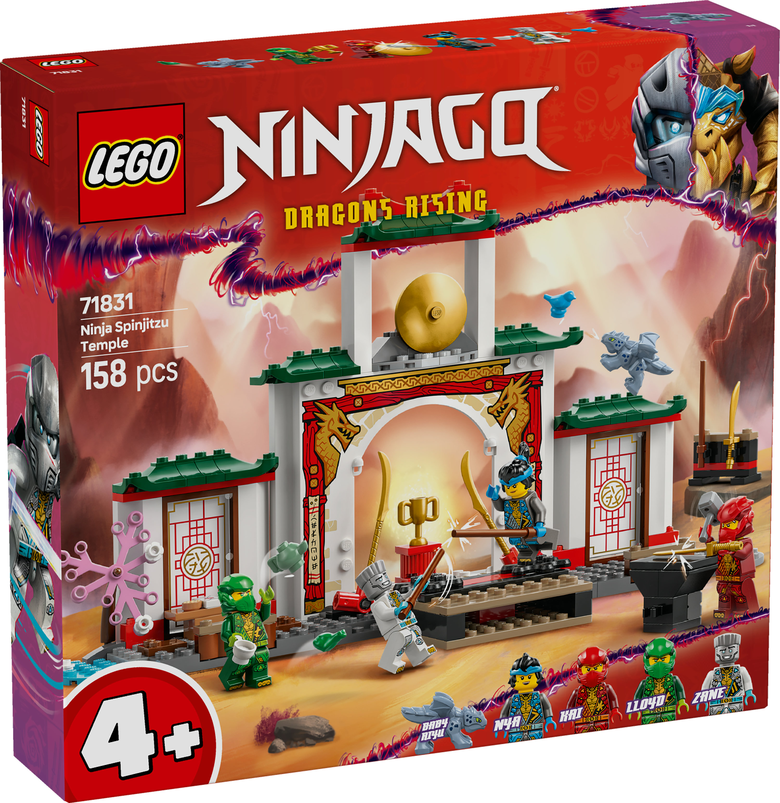 Pudełko zestawu Lego Ninjago. Pokazuje Świątynię Spinjitzu Ninja z minifigurkami i smokiem. Kolory czerwony i biały.