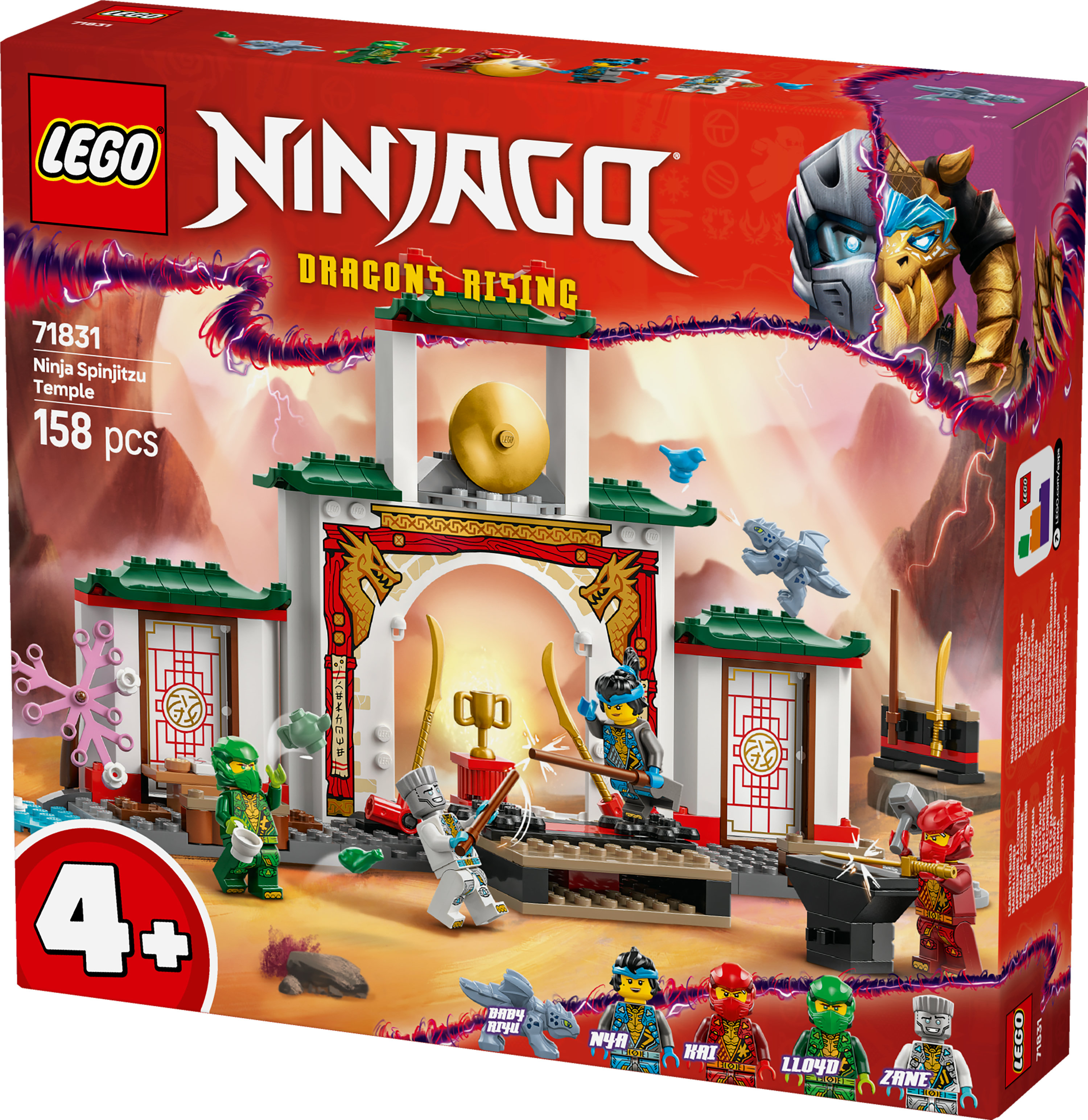 Pudełko zestawu Lego Ninjago. Zawiera świątynię, figurki ninja i wizerunki smoków. Czerwone tło z logo i szczegółami produktu.