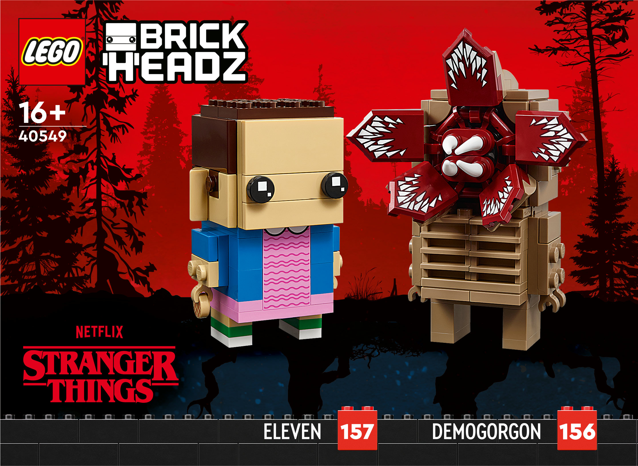 Lego BrickHeadz van Eleven en Demogorgon uit Stranger Things. Rode achtergrond met bomen. Netflix logo.