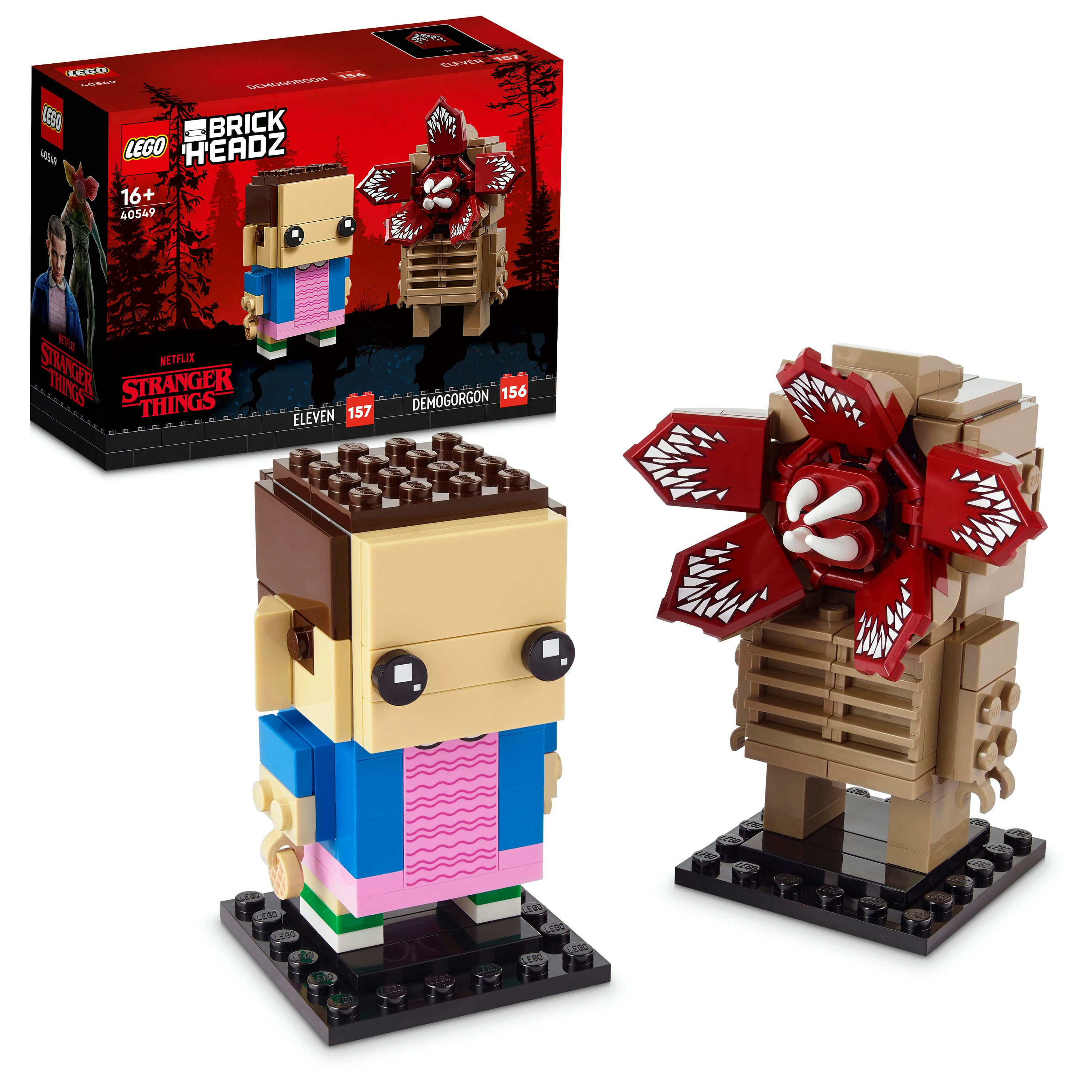 LEGO BrickHeadz set met Eleven en Demogorgon uit Stranger Things. Inclusief doos met set afbeeldingen.
