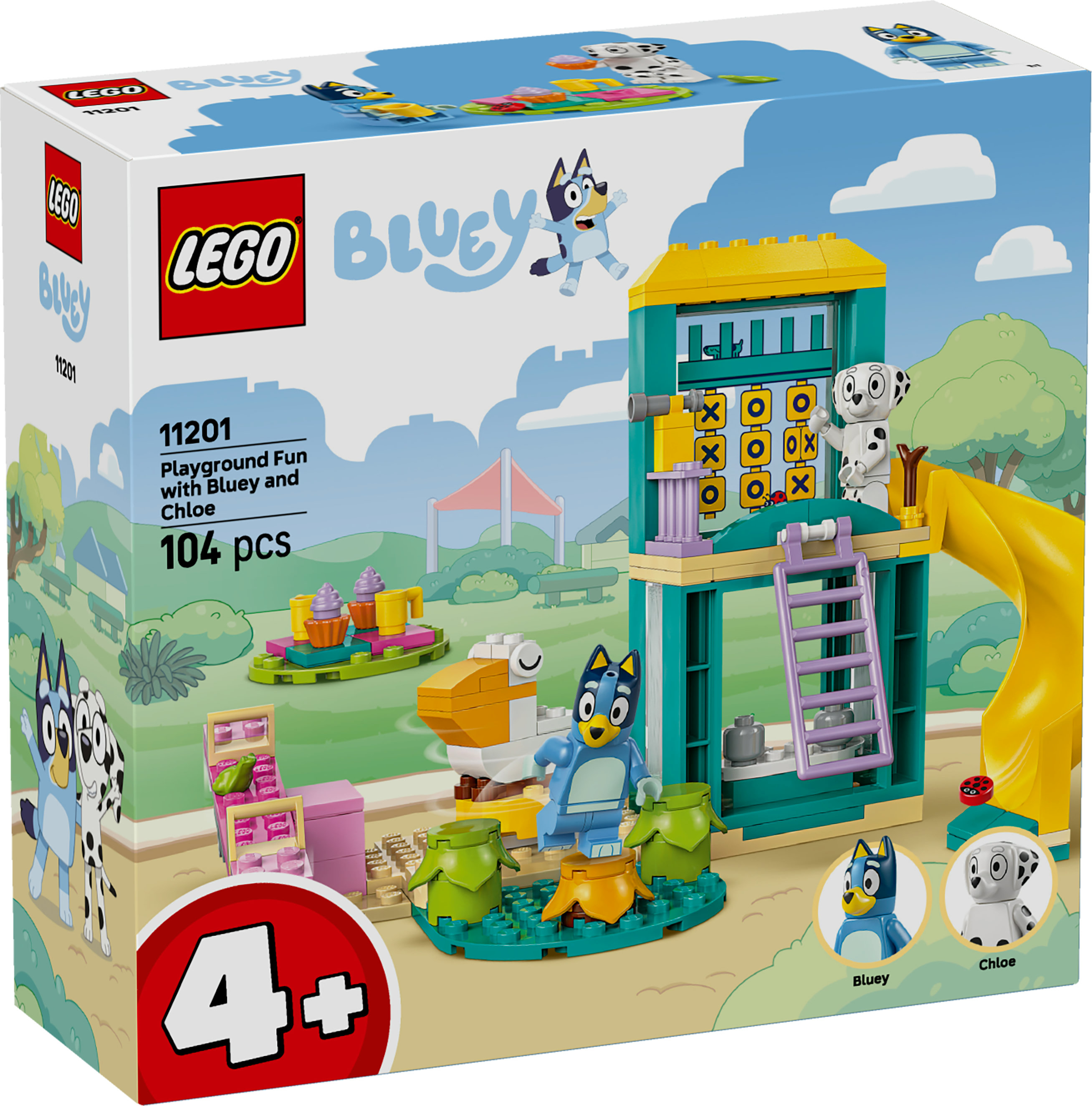 Pudełko zestawu LEGO Bluey. Zawiera Bluey i Chloe, plac zabaw i różne elementy Lego. Tłem jest scena w parku.