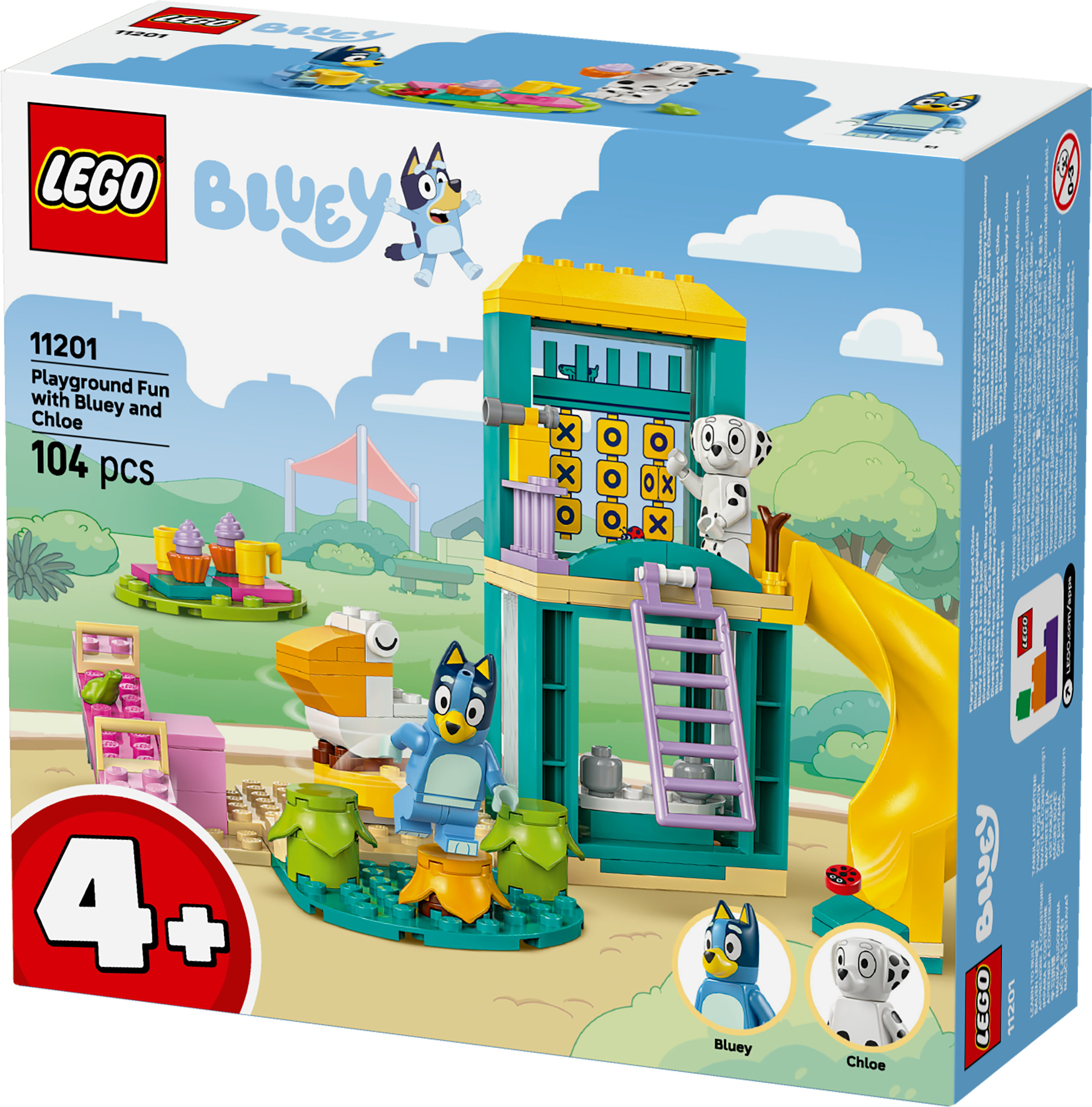 Zestaw Lego z placem zabaw. Zawiera figurki Bluey i Chloe, zjeżdżalnię, drabinkę i grę w kółko i krzyżyk.