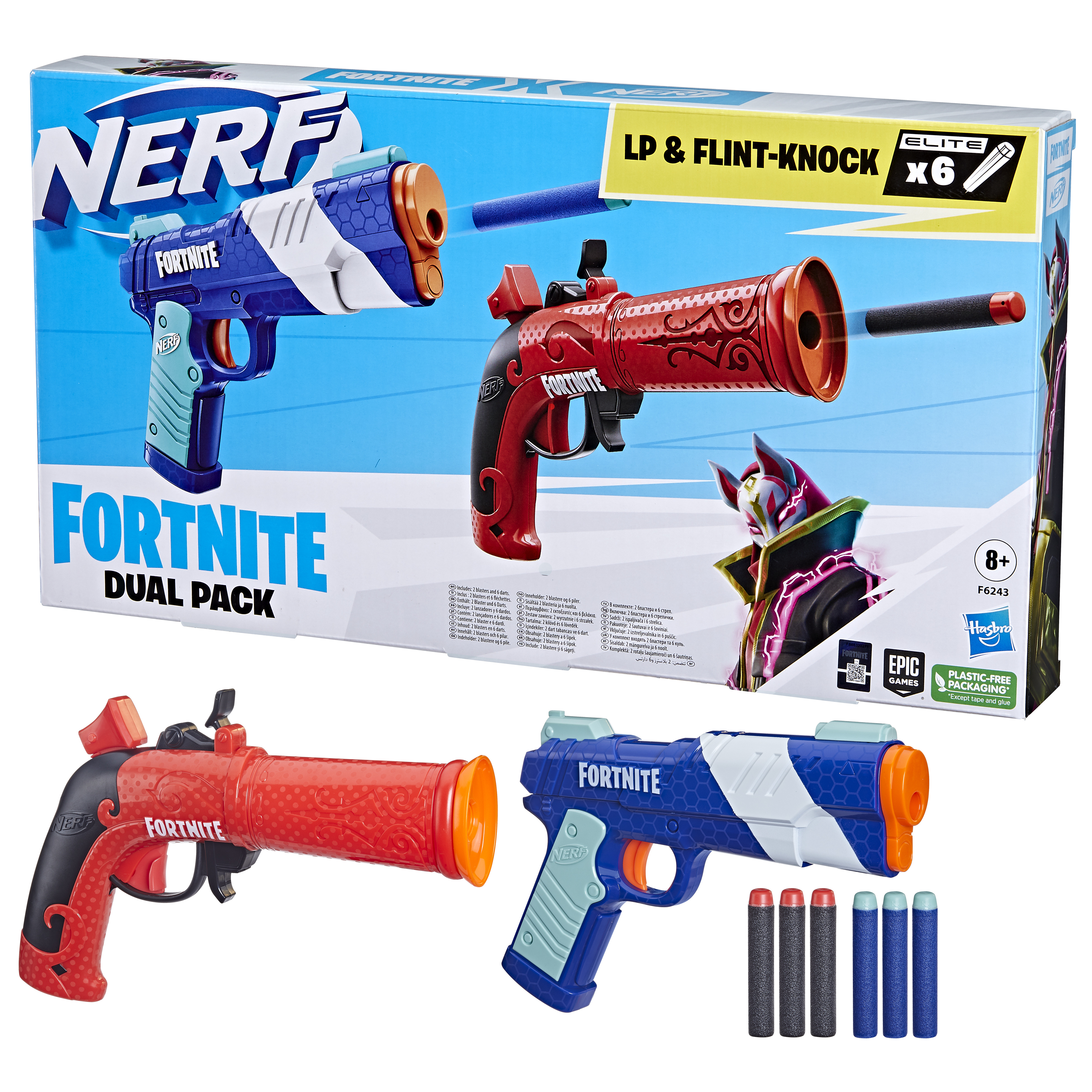 Pudełko Fortnite Nerf Dual Pack z dwiema zabawkami i strzałkami na białym tle.