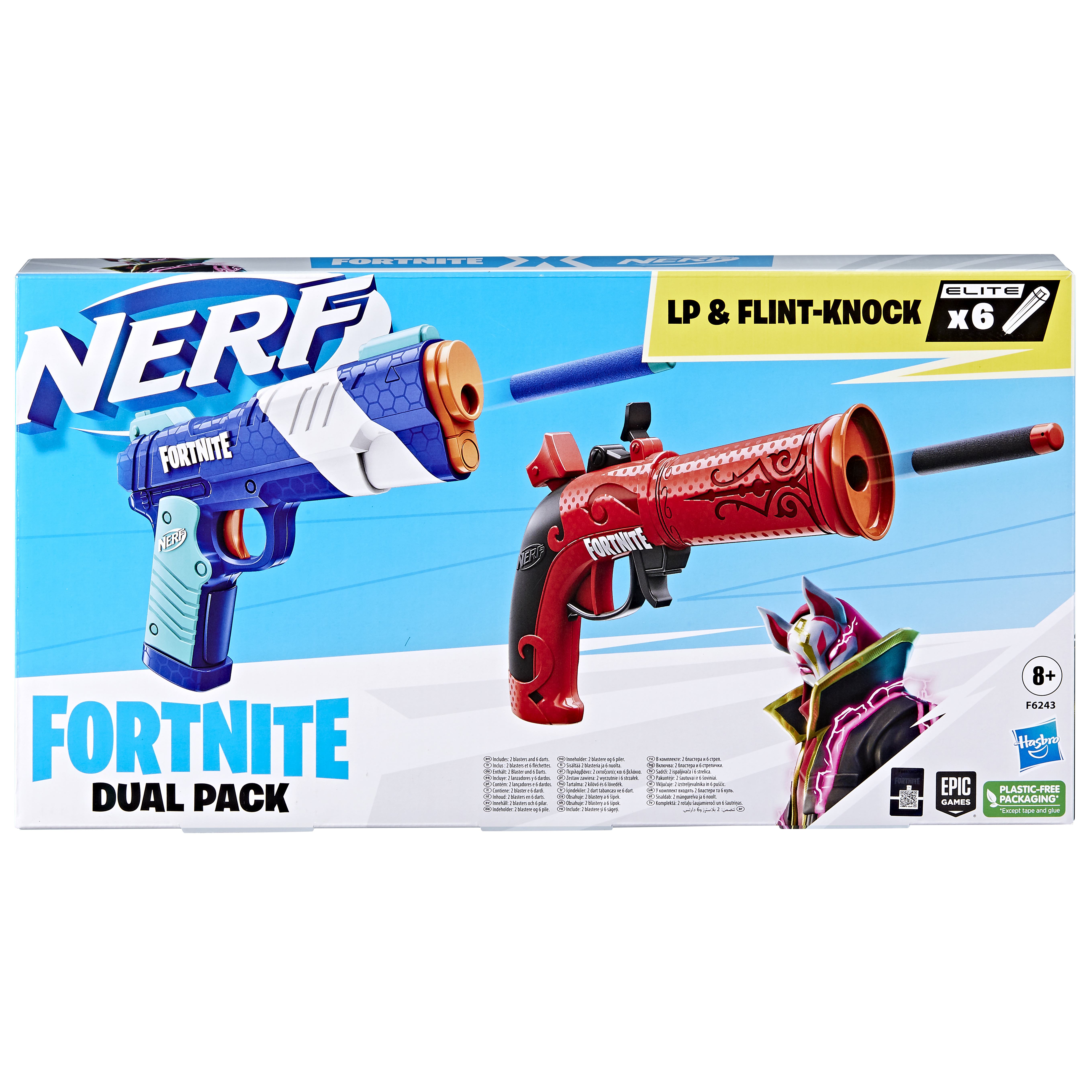Opakowanie Nerf Fortnite Dual Pack. Dwa pistolety zabawki, niebieski i czerwony, strzelają strzałkami.