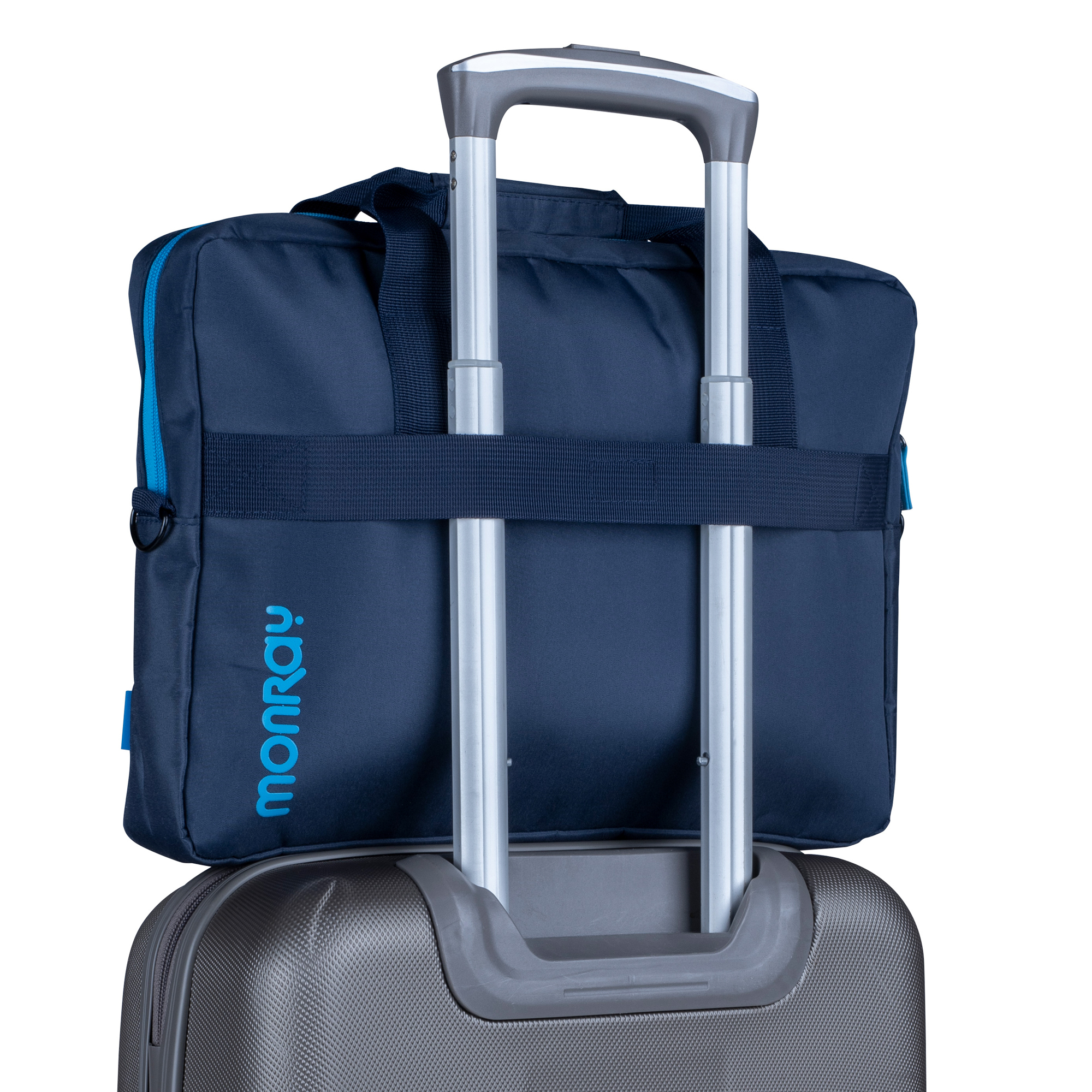 Eine marineblaue Tasche mit blauem Reißverschluss und dem Wort Monroy in hellblau auf einem grauen Koffer.