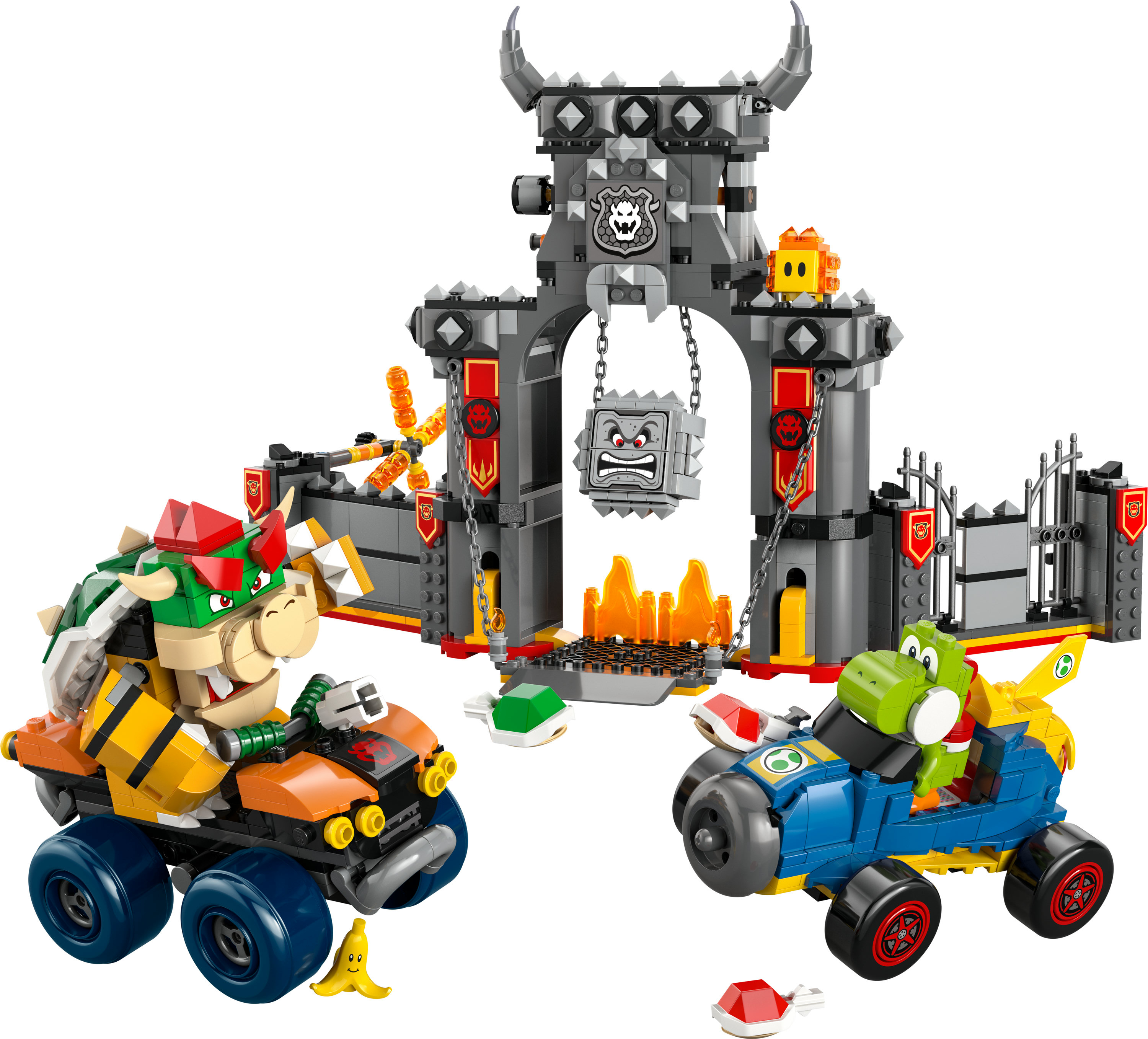 Bir kale yakınında yarışan Bowser ve Yoshi kartlarının bulunduğu Lego seti. Thwomp, lav ve muz kabuğu içerir.