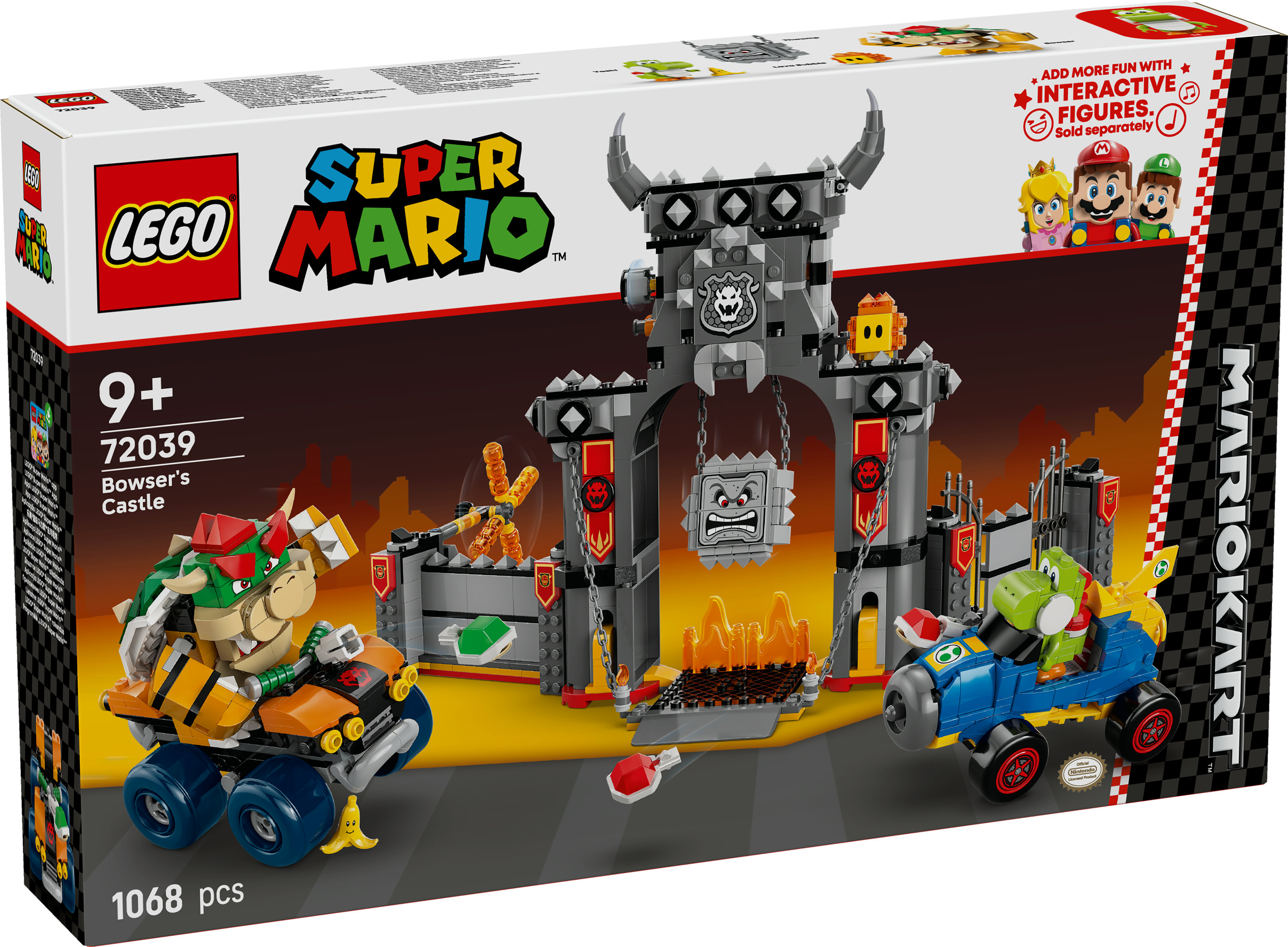 Lego Super Mario set kutusu. Bowser'ın Kalesi figürler ve kartlarla. Mario, Yoshi ve Bowser içerir.