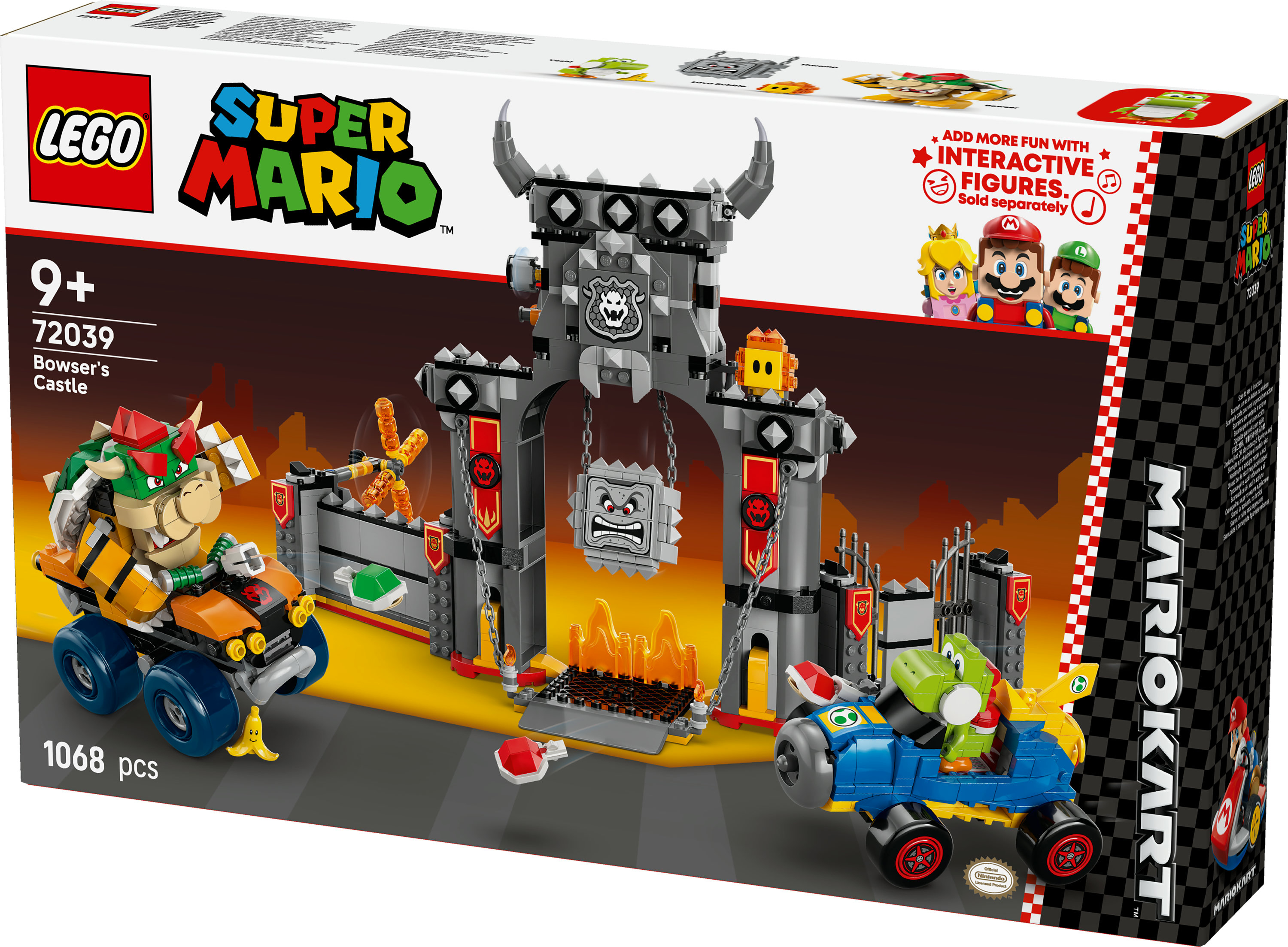 Lego Super Mario kutusu. Bowser'ın Kalesi setini, karakterler ve araçlarla gösterir. 1068 parça içerir.