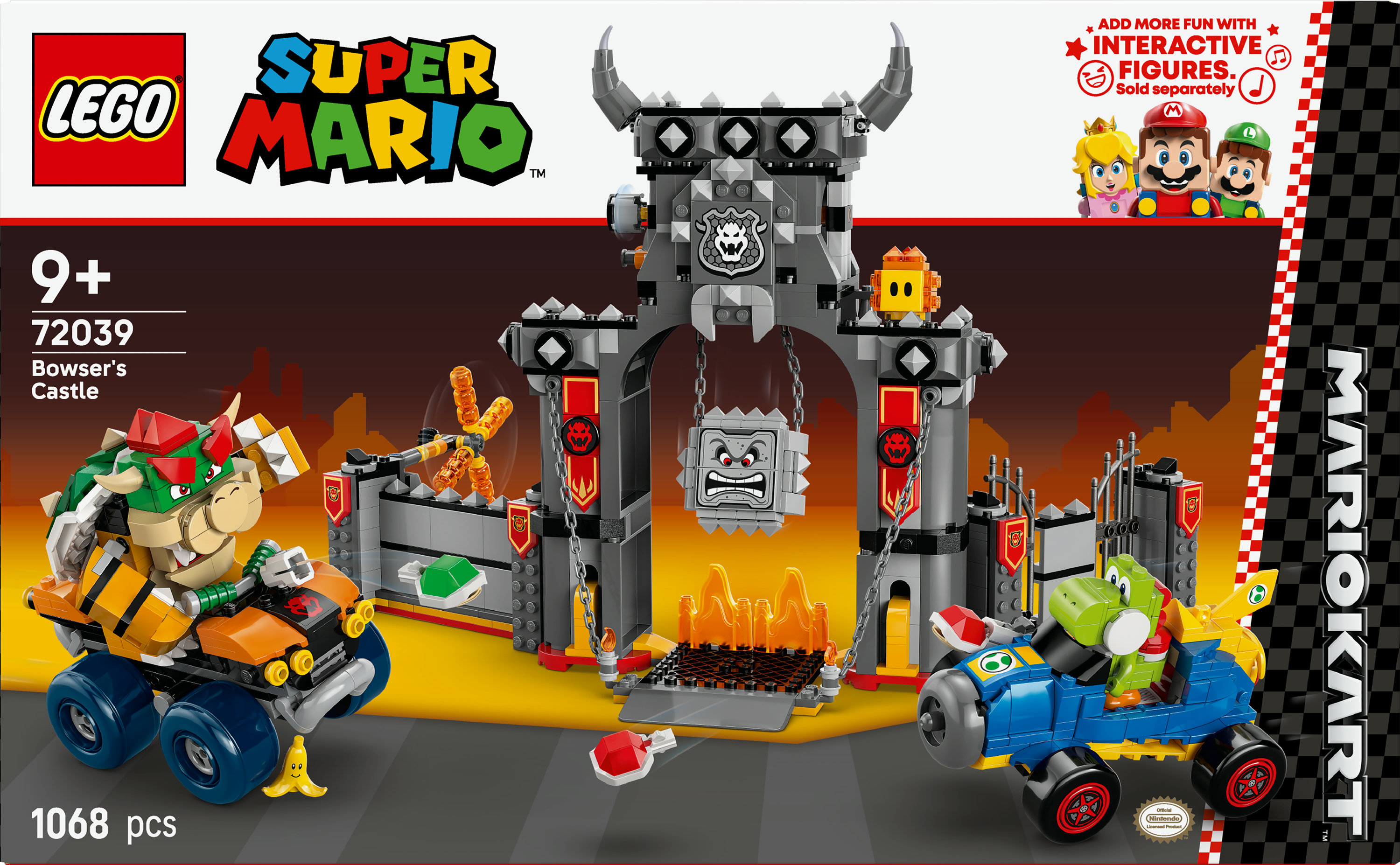 Lego Super Mario Bowser's Castle seti. Bowser ve Yoshi kartlarda. Arka planda kale.