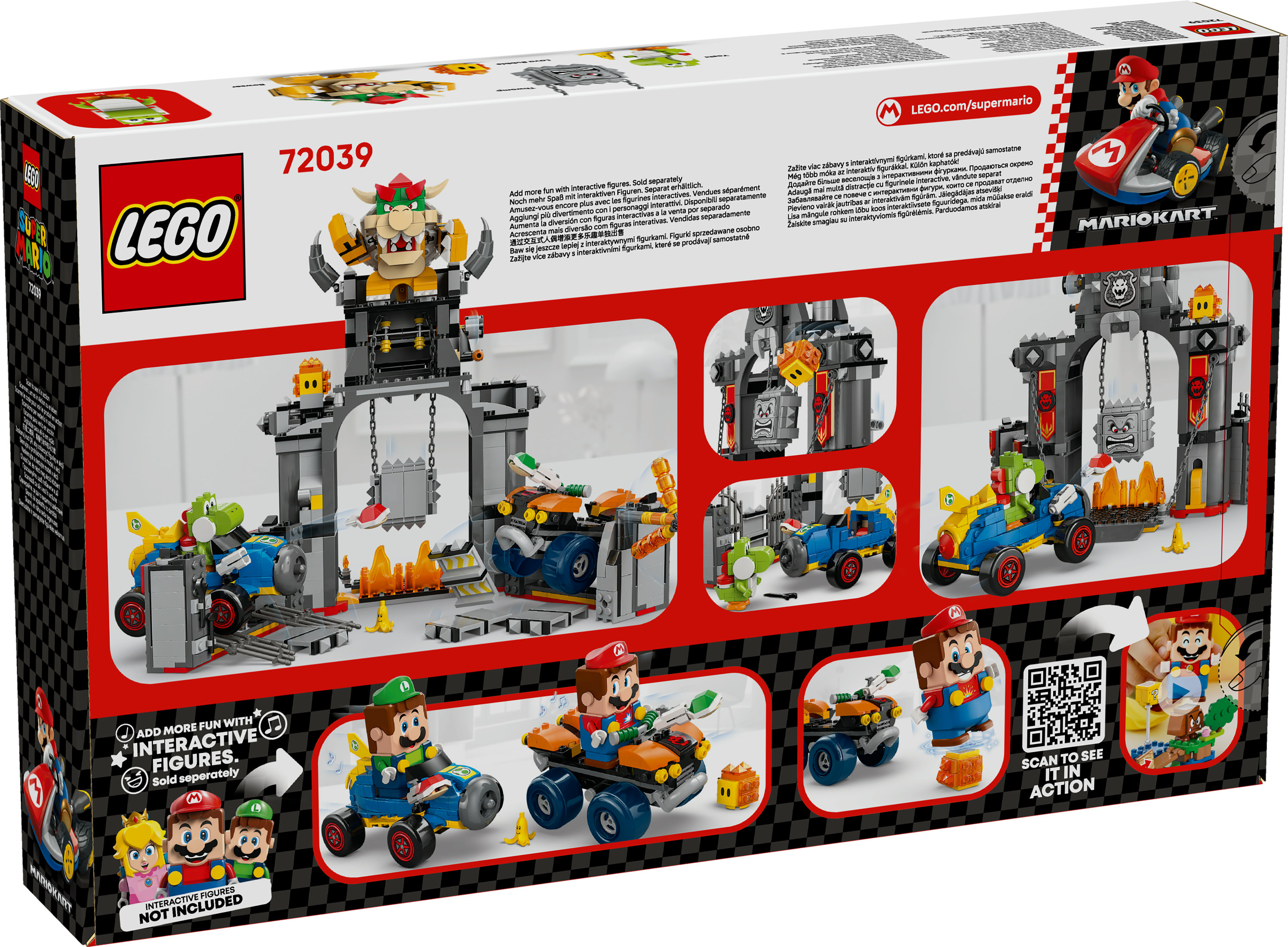 Lego Mario Kart kutusu. Mario, Luigi, Bowser, Yoshi ve Thwomp içerir. Set, kartlar ve bir kale içerir.