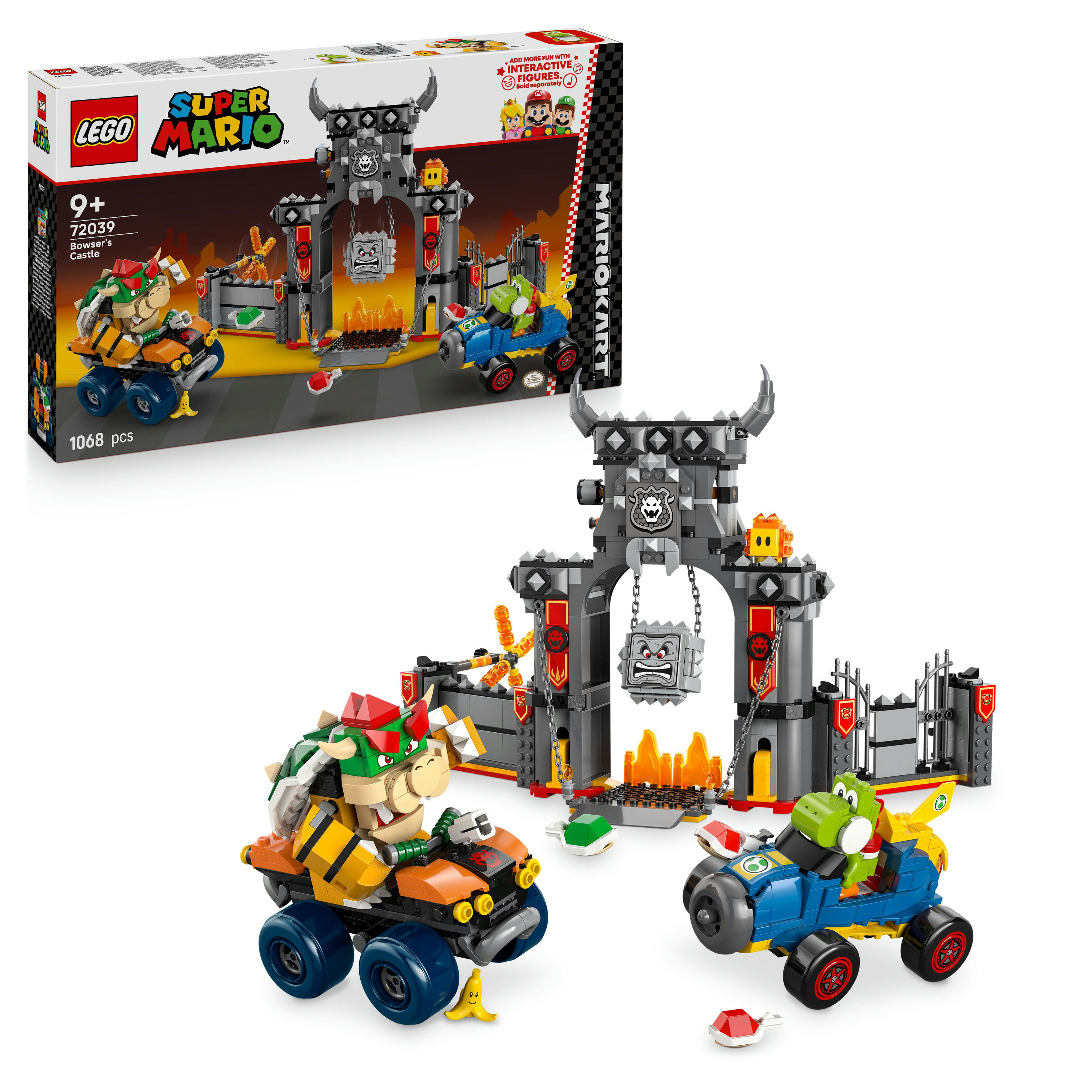 Lego Super Mario Bowser'ın Kalesi seti. Bowser ve Yoshi oyuncak arabaları, lav ve Thwomp ile kalenin etrafında yarışıyor.