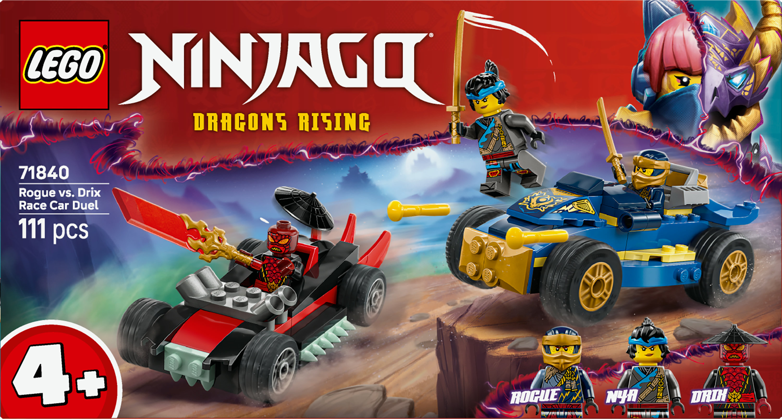 Scatola del set LEGO Ninjago. Presenta due auto da corsa con le minifigure Rogue e Drix. Titolo: Dragons Rising.