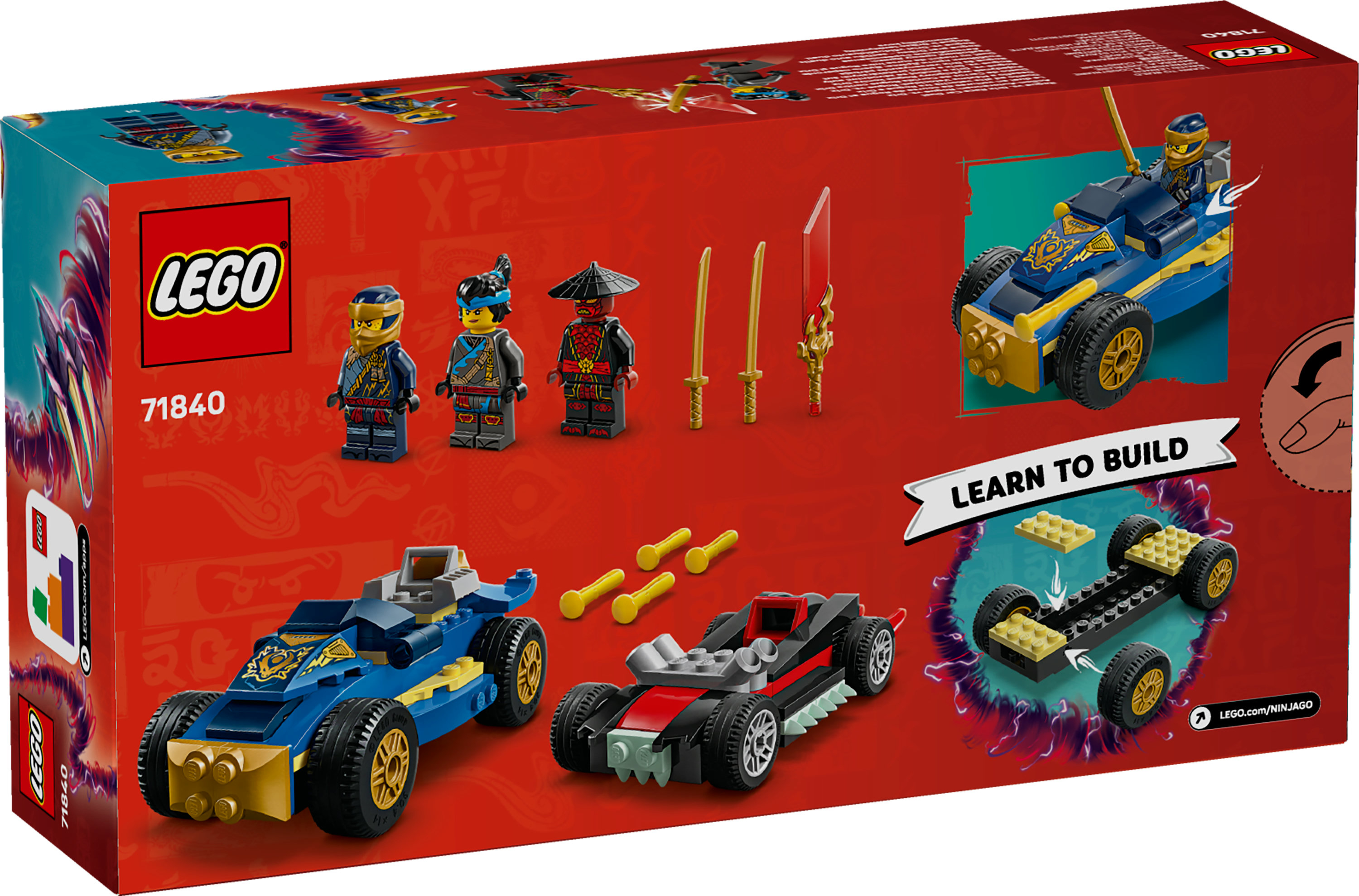Una scatola LEGO mostra i personaggi e i veicoli LEGO Ninjago. Presenta un'auto da corsa blu, minifigure e il logo LEGO.