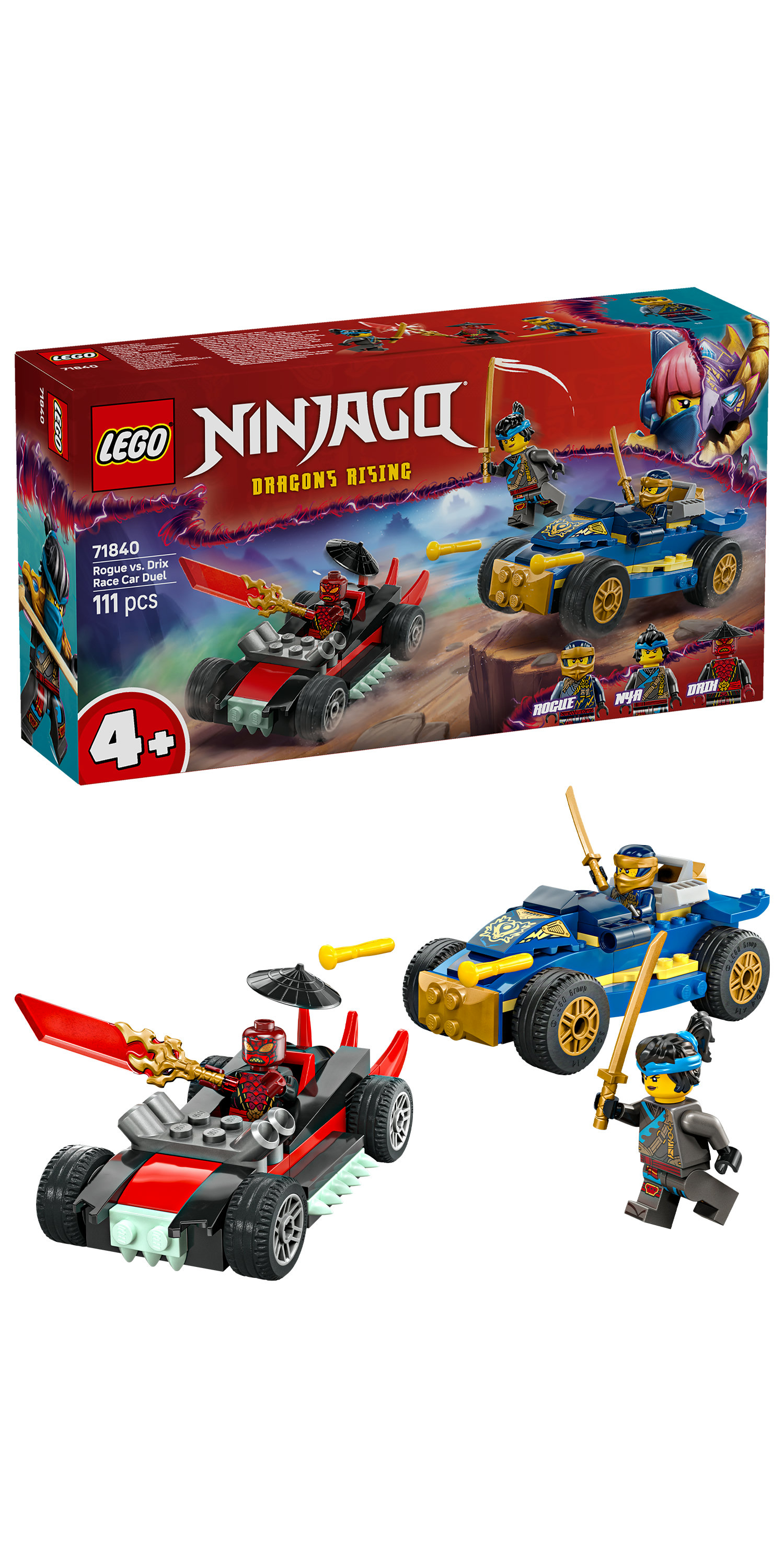 Set LEGO Ninjago. Include due auto da corsa, minifigure e l'illustrazione della scatola. Il set presenta un'auto rossa e nera e una blu e oro.