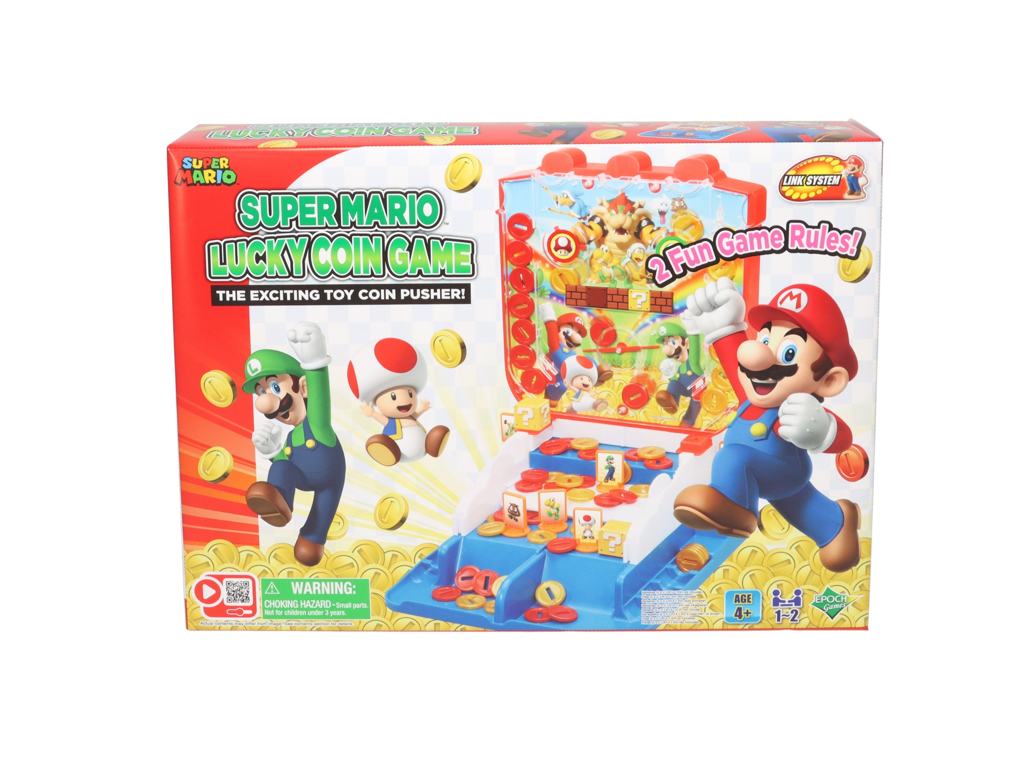 Scatola di Super Mario Lucky Coin Game. Mario, Luigi e Toad sul davanti. Monete d'oro e funzioni di gioco visibili.