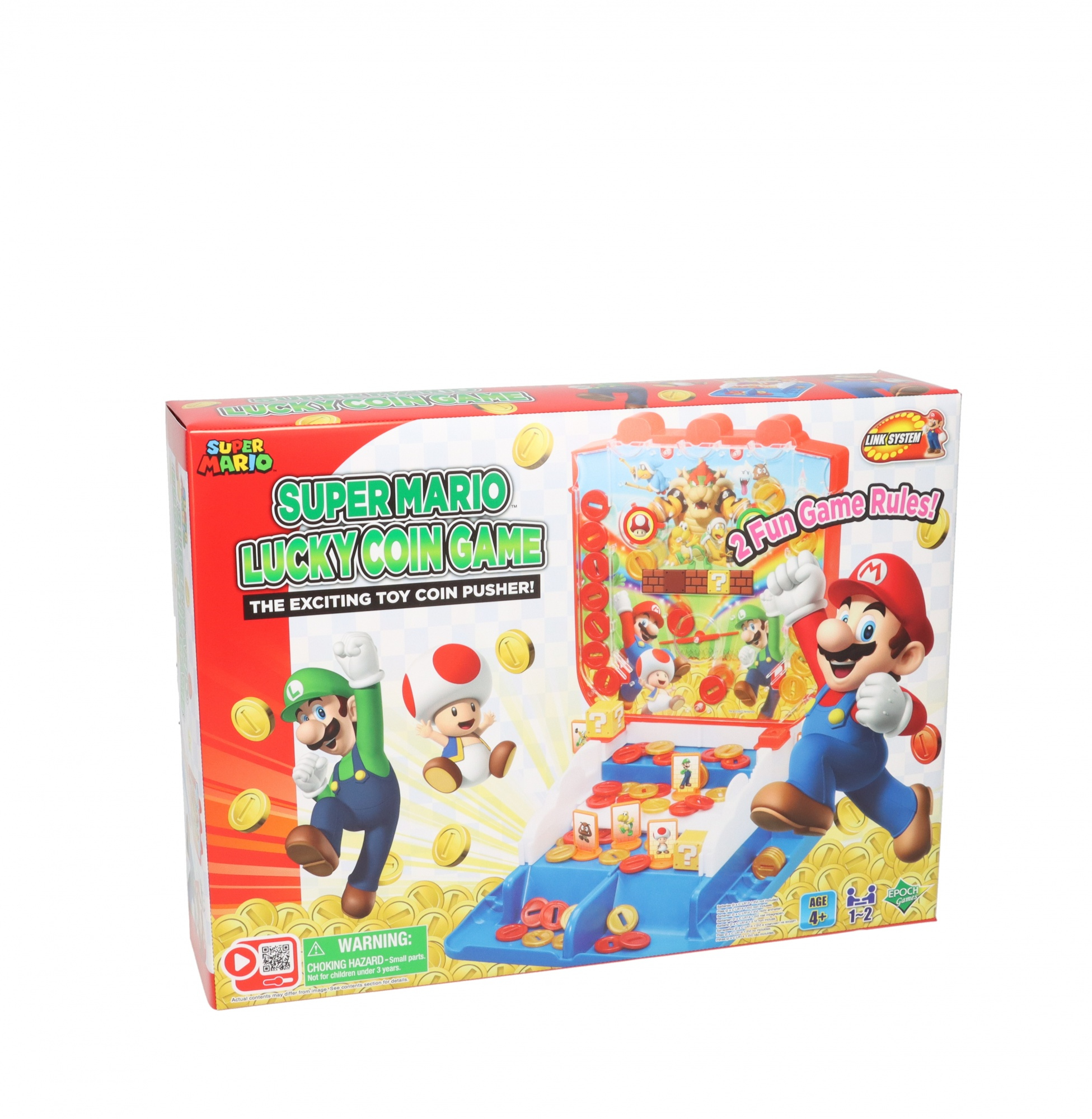 Una scatola di Super Mario Lucky Coin Game. Mostra Mario, Luigi e Toad. La scatola è rossa e blu.