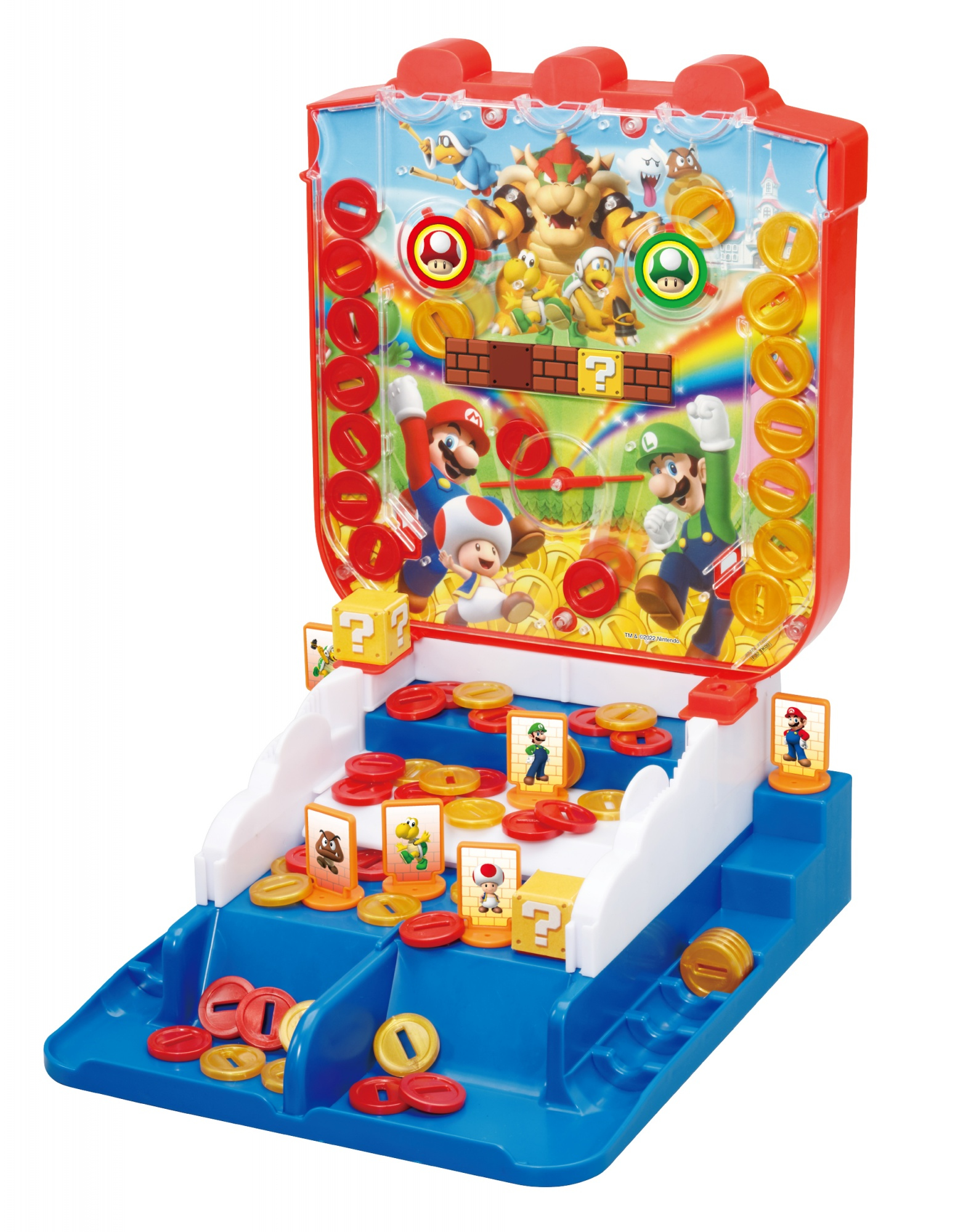 Un gioco a tema Super Mario. Presenta Mario, Luigi e altri personaggi, con monete e uno sfondo colorato.