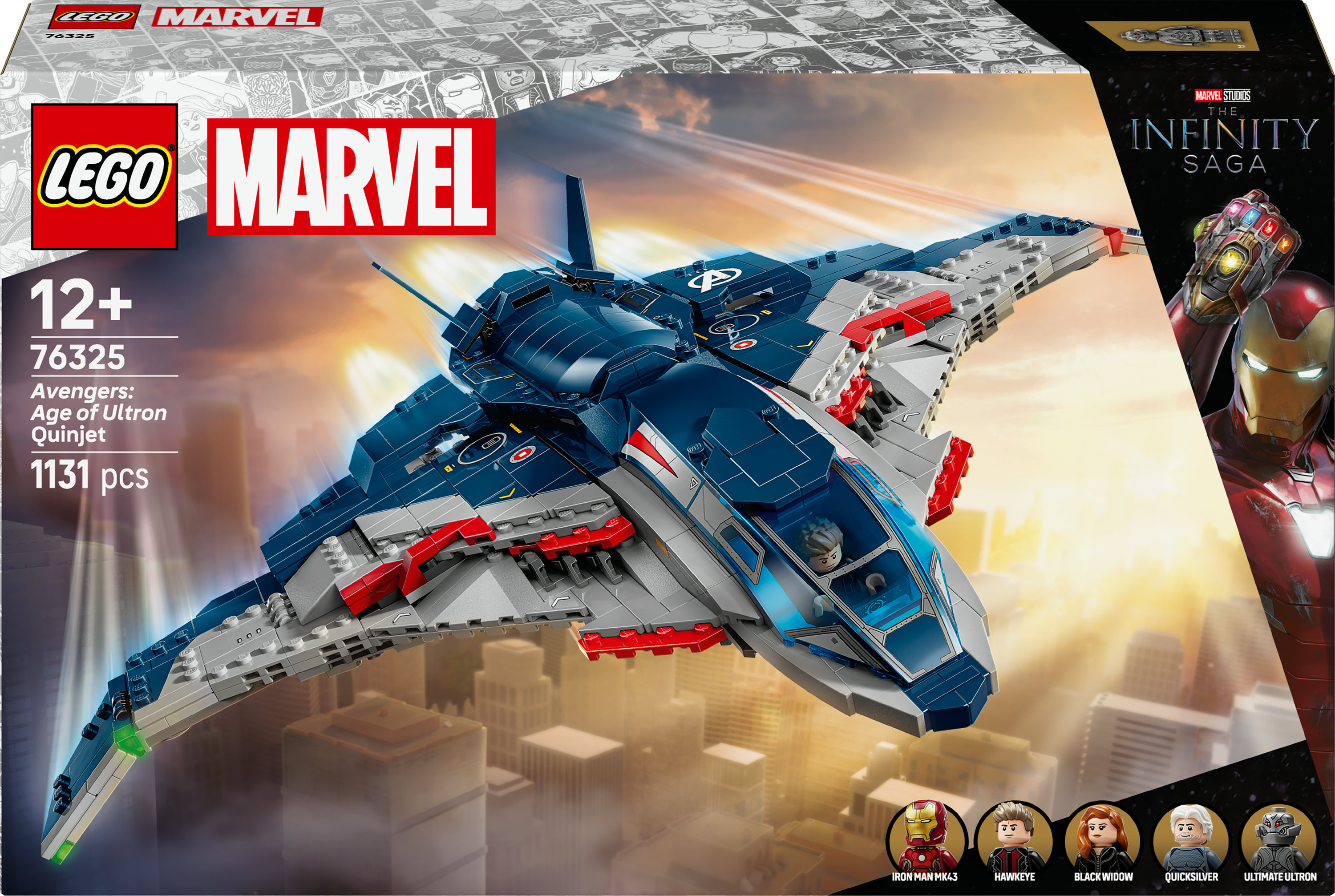 Pudełko zestawu Lego Marvel Quinjet. Odrzutowiec jest niebieski, szary i czerwony. Na pudełku napis 12+ i 1131 sztuk. Widoczny Iron Man.