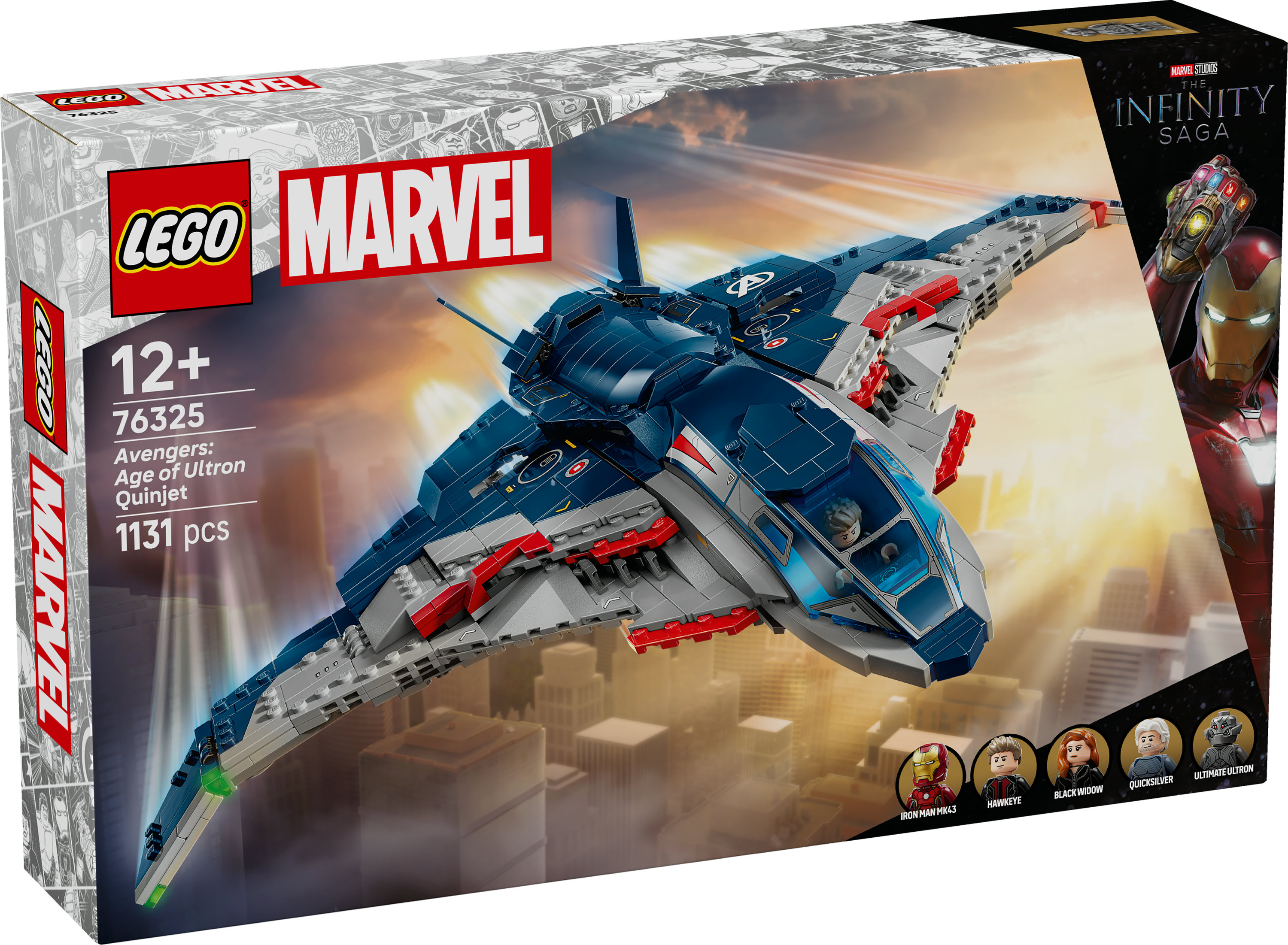 Zestaw Lego Marvel Avengers Quinjet. Przedstawiono niebieski, szary i czerwony samolot. Tło przedstawia budynki miejskie.