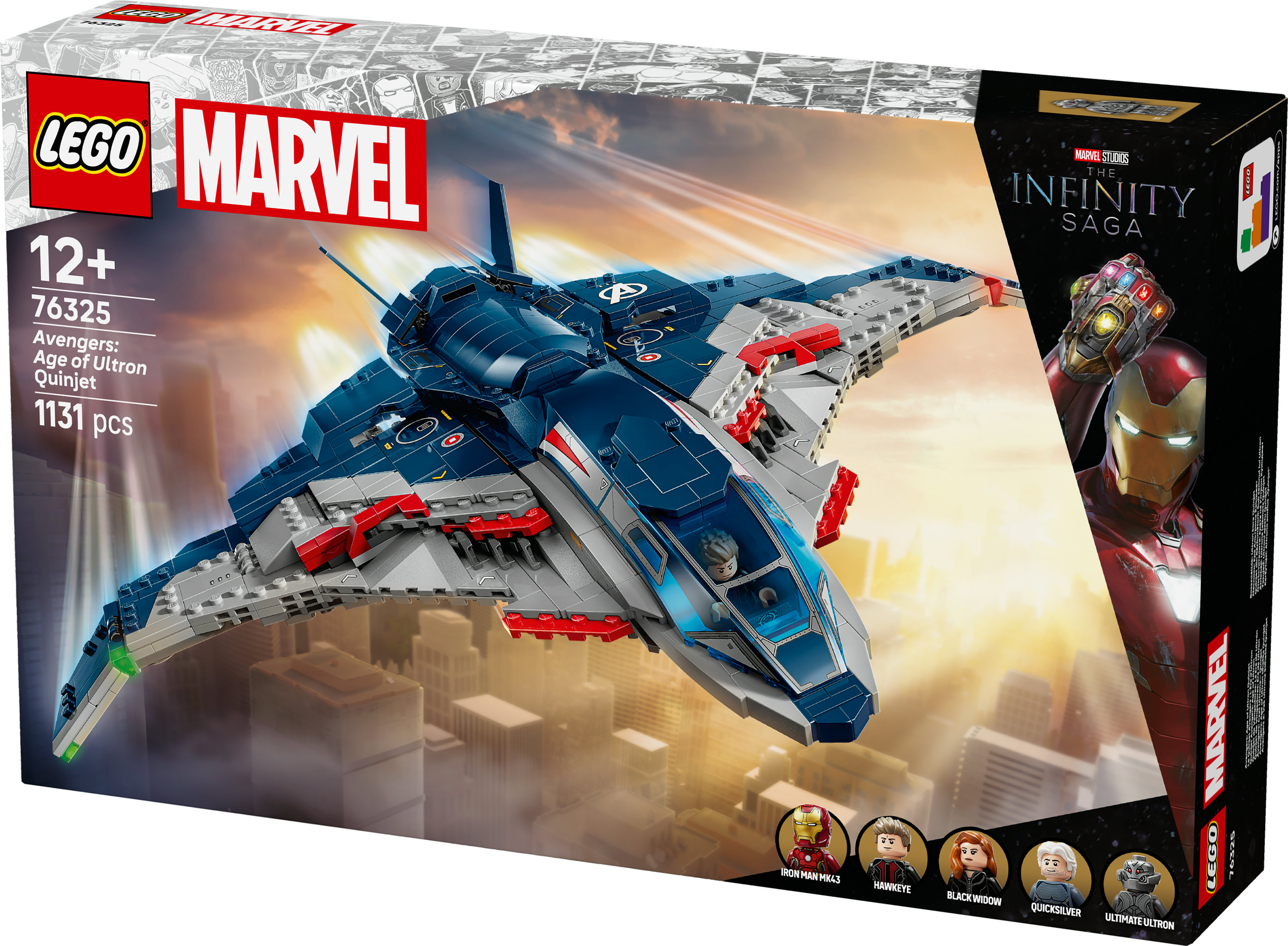 Pudełko Lego Avengers Quinjet. Pudełko przedstawia samolot w locie nad miastem, z postaciami Marvela.