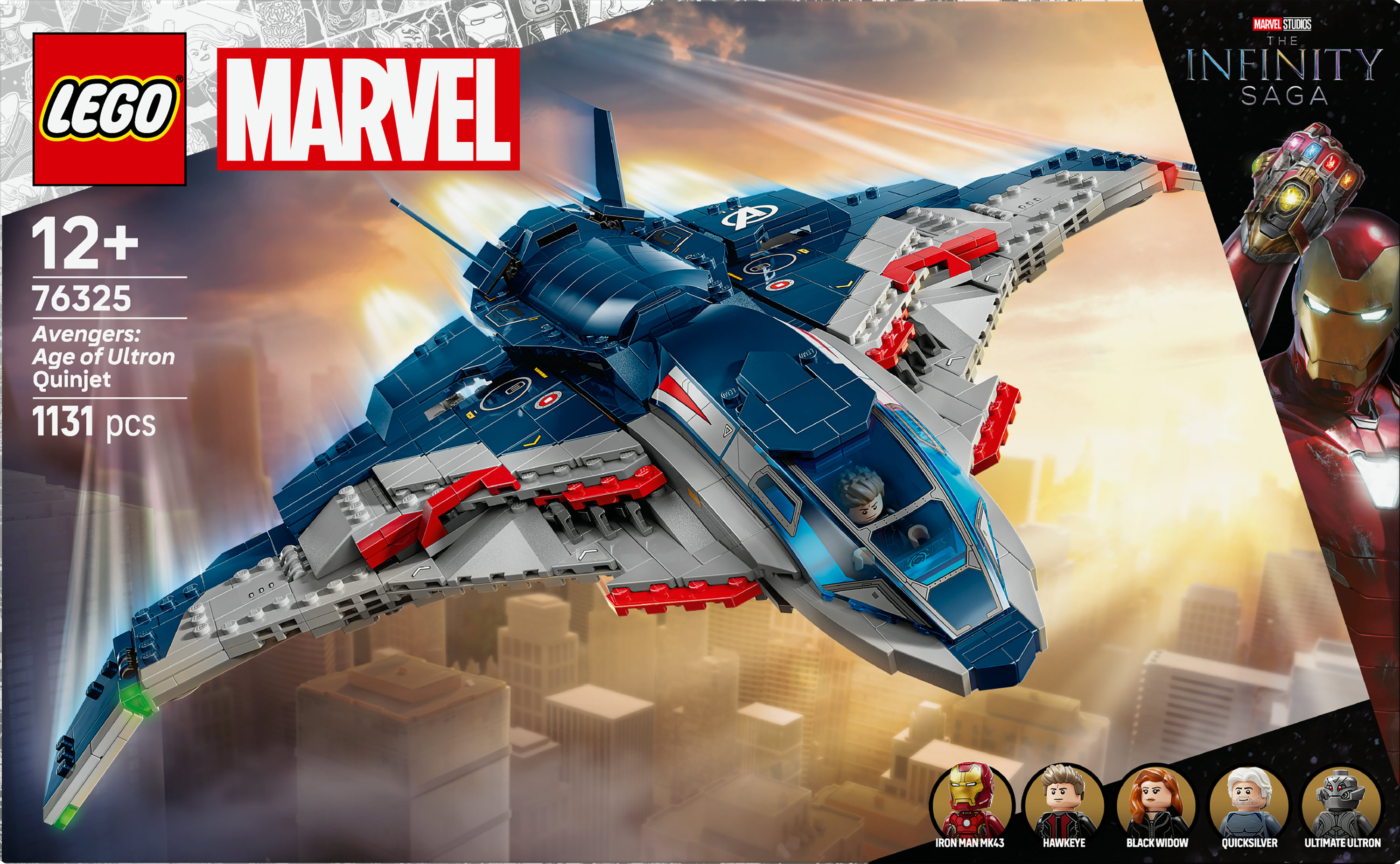 Pudełko z modelem Lego Marvel Avengers Quinjet. Ma niebieski, szary i czerwony odrzutowiec z figurkami Iron Mana i innych.