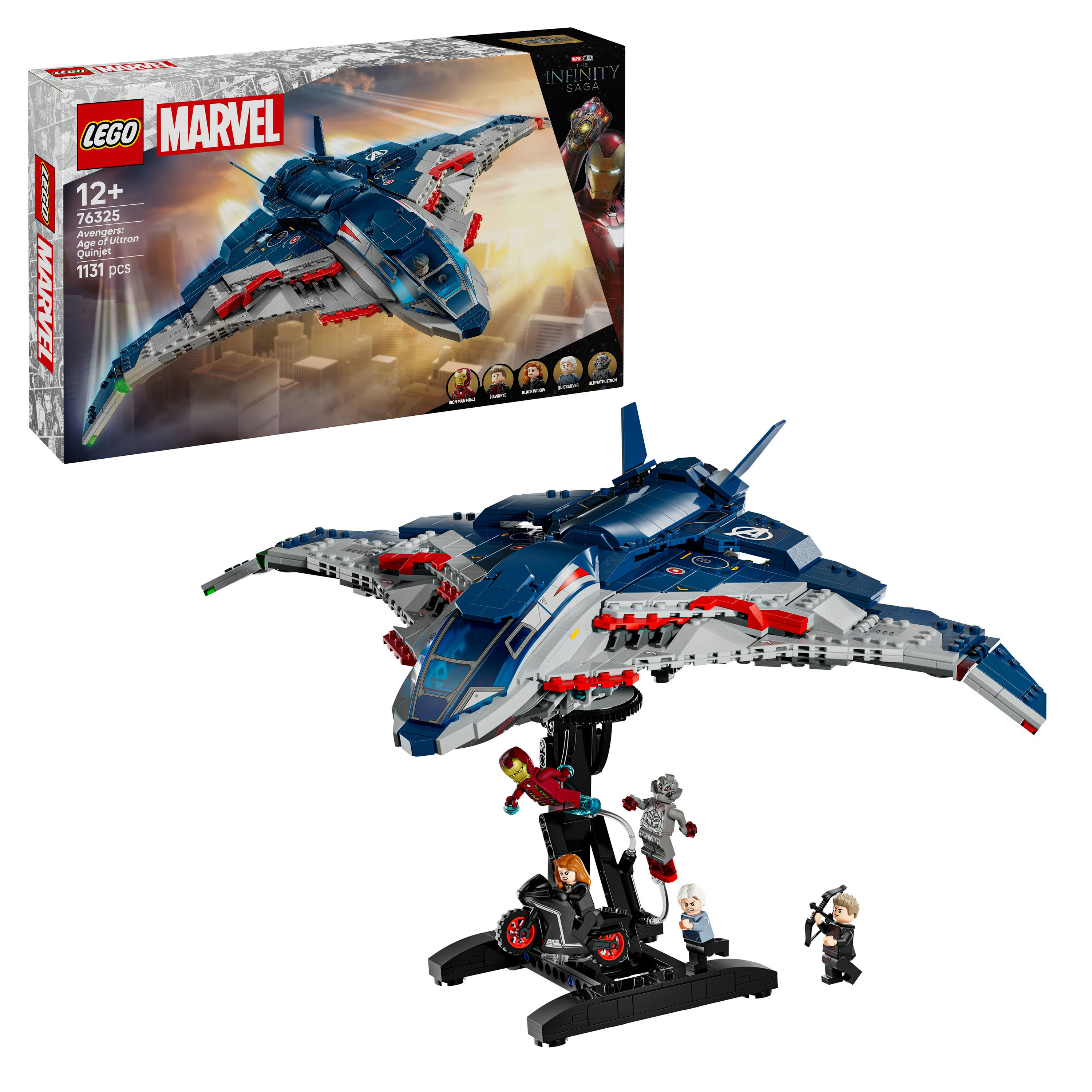 Zestaw LEGO Marvel Avengers Quinjet. Zawiera niebiesko-szary odrzutowiec i miniaturowe figurki Avengersów.