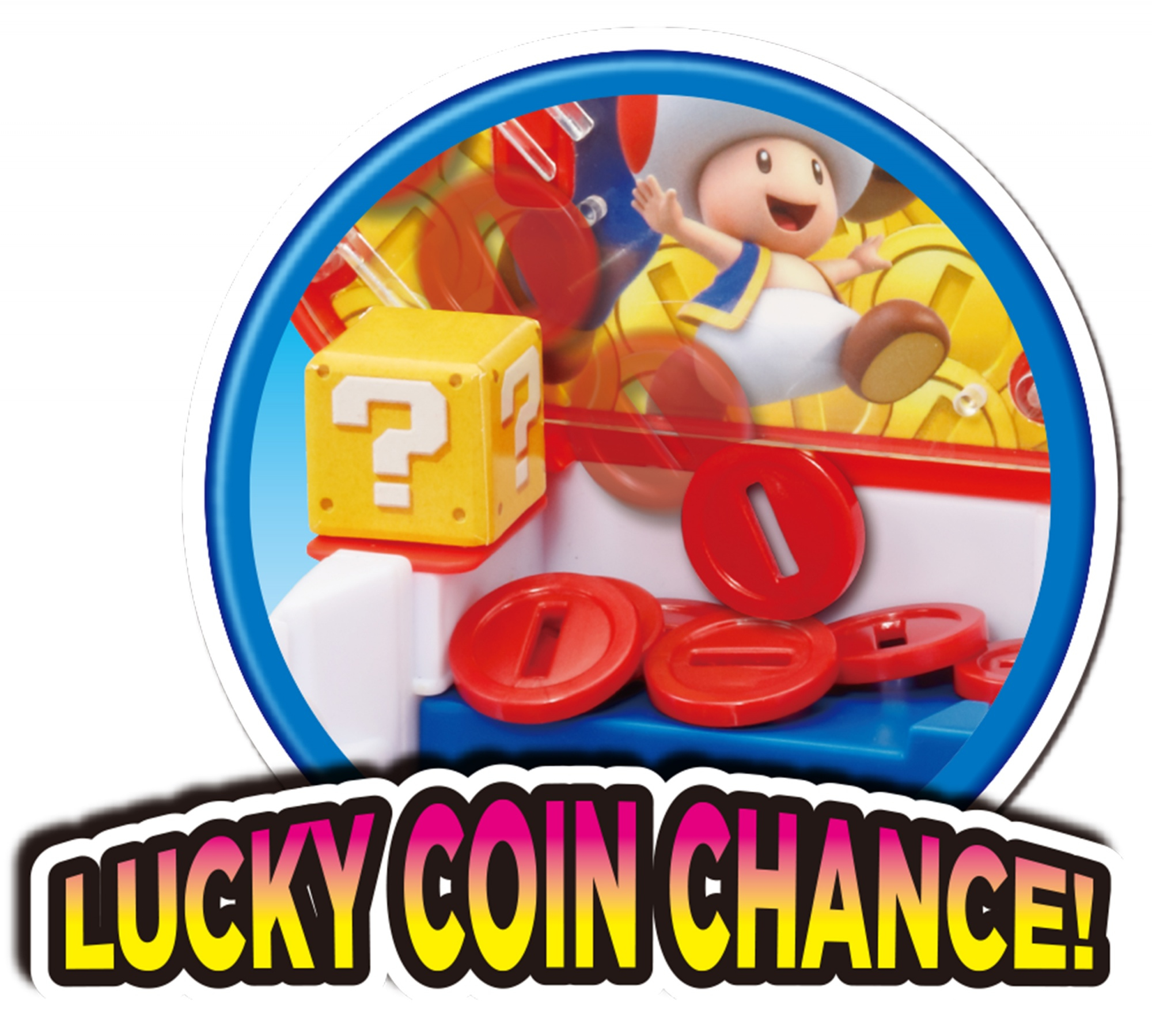 Un giocattolo con monete rosse, un blocco giallo con un punto interrogativo e un personaggio che salta. Le parole 'LUCKY COIN CHANCE!' sono visualizzate.