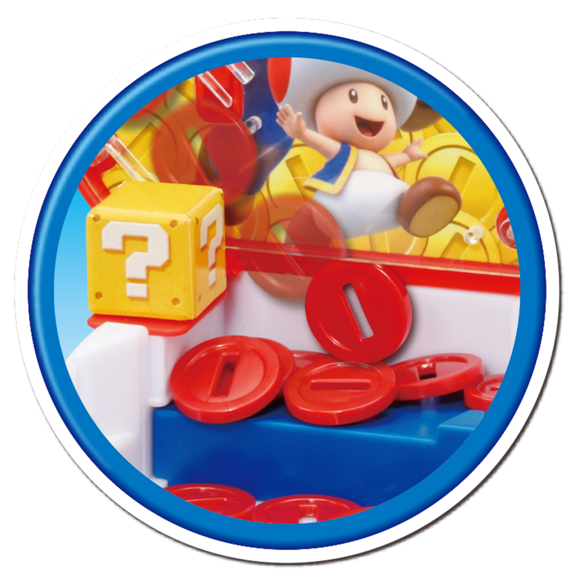 Personaggio di Toad in un gioco a monete. Monete rosse e un blocco giallo con punto interrogativo sono visibili.