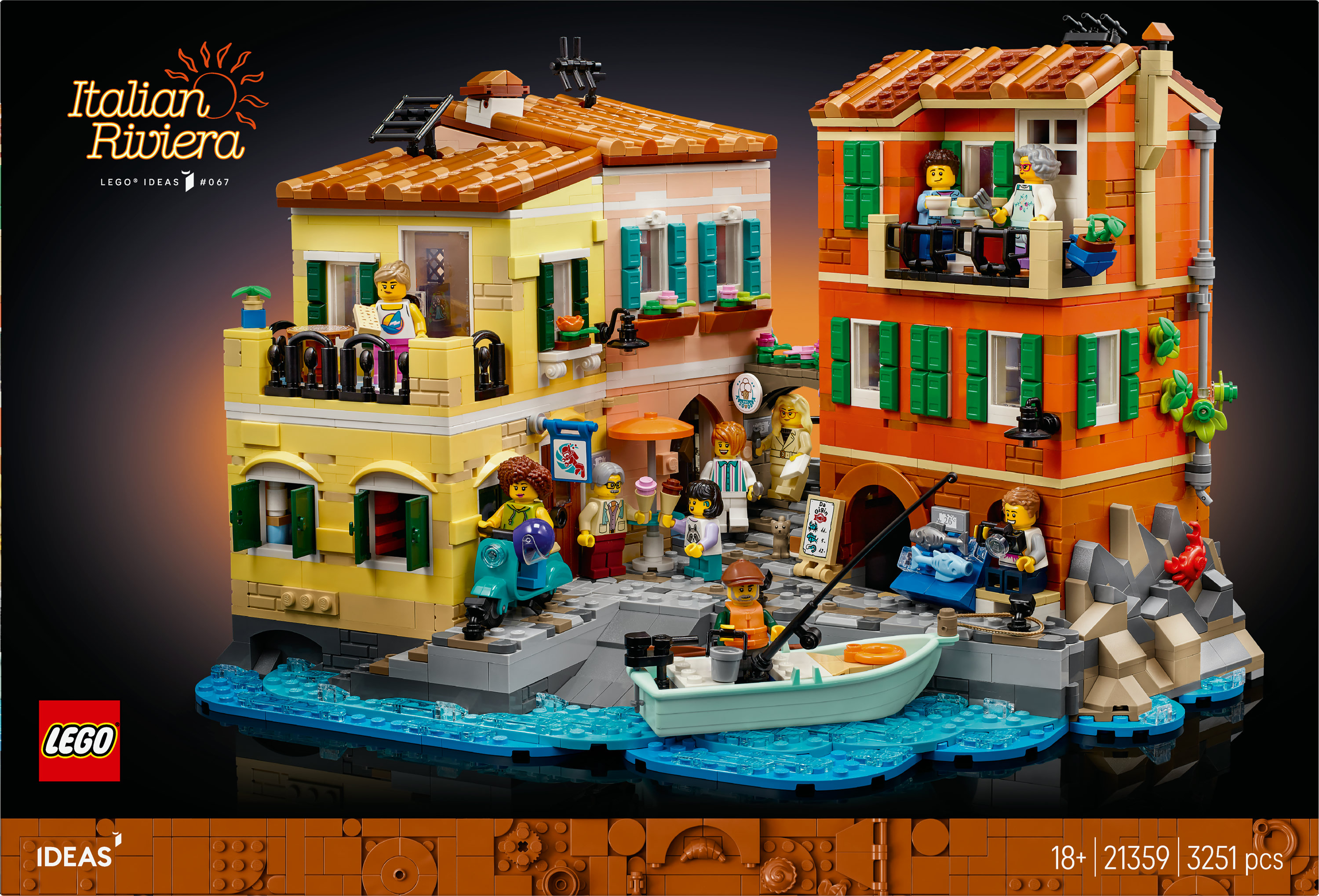 Zestaw LEGO Italian Riviera. Budynki, figurki, łódź i woda. Żywa scena z wieloma aktywnościami.