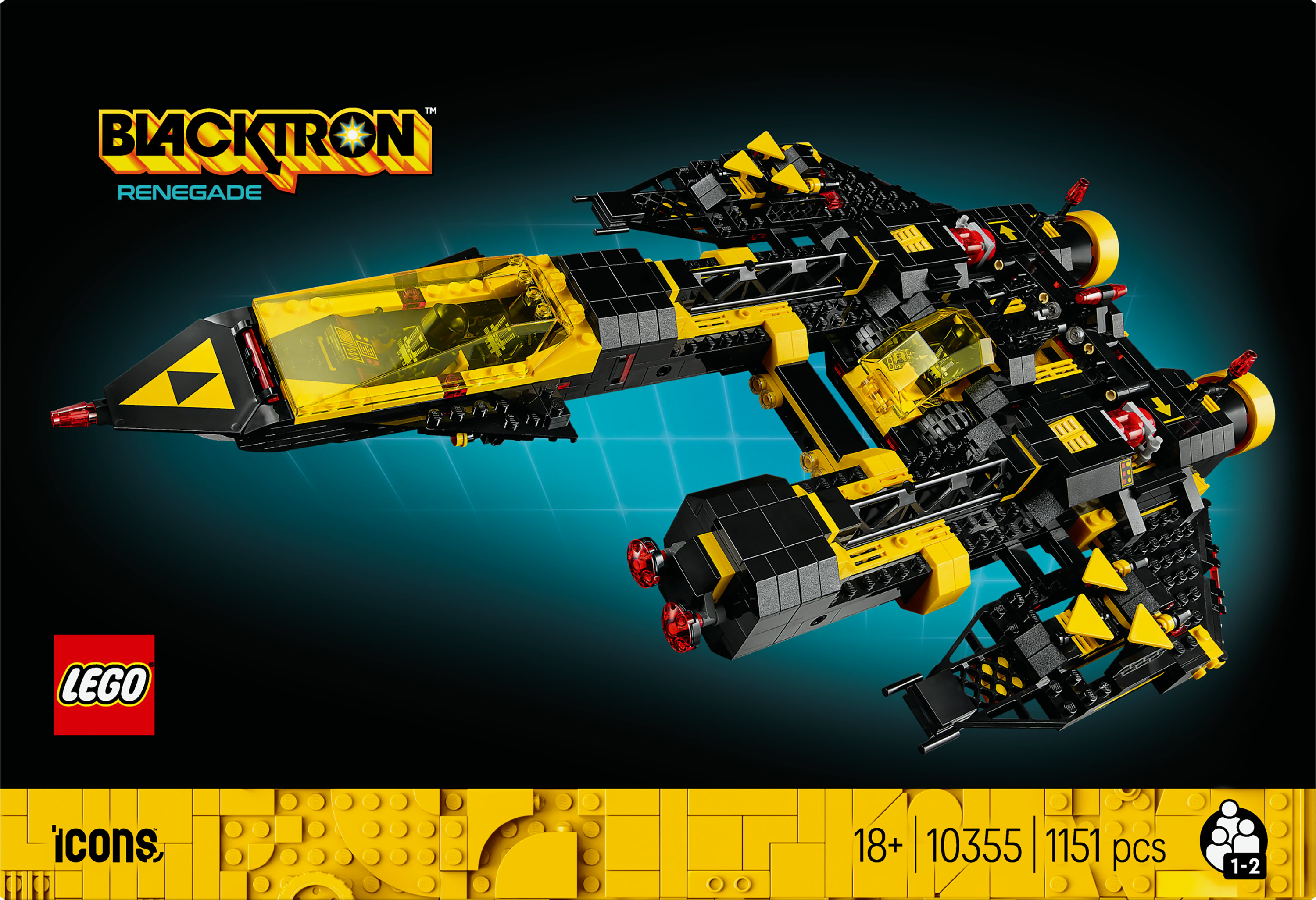 Set di navicella spaziale Lego Blacktron Renegade. Nave nera e gialla con cabina di pilotaggio e ali gialle. Logo Lego in basso a sinistra.