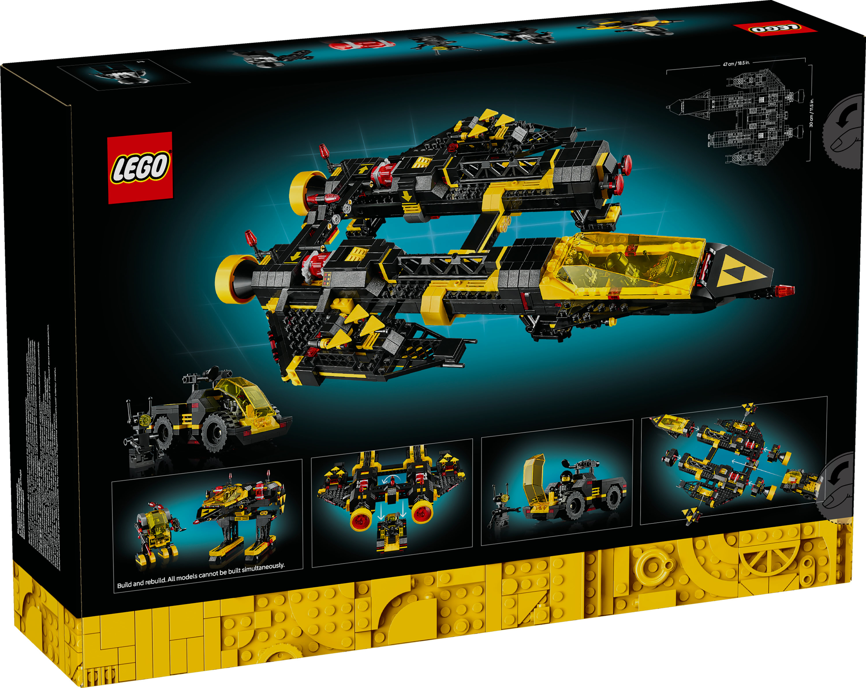 La scatola mostra un set Lego nero e giallo, raffigurante un'astronave e altri veicoli. Il logo Lego è visibile.