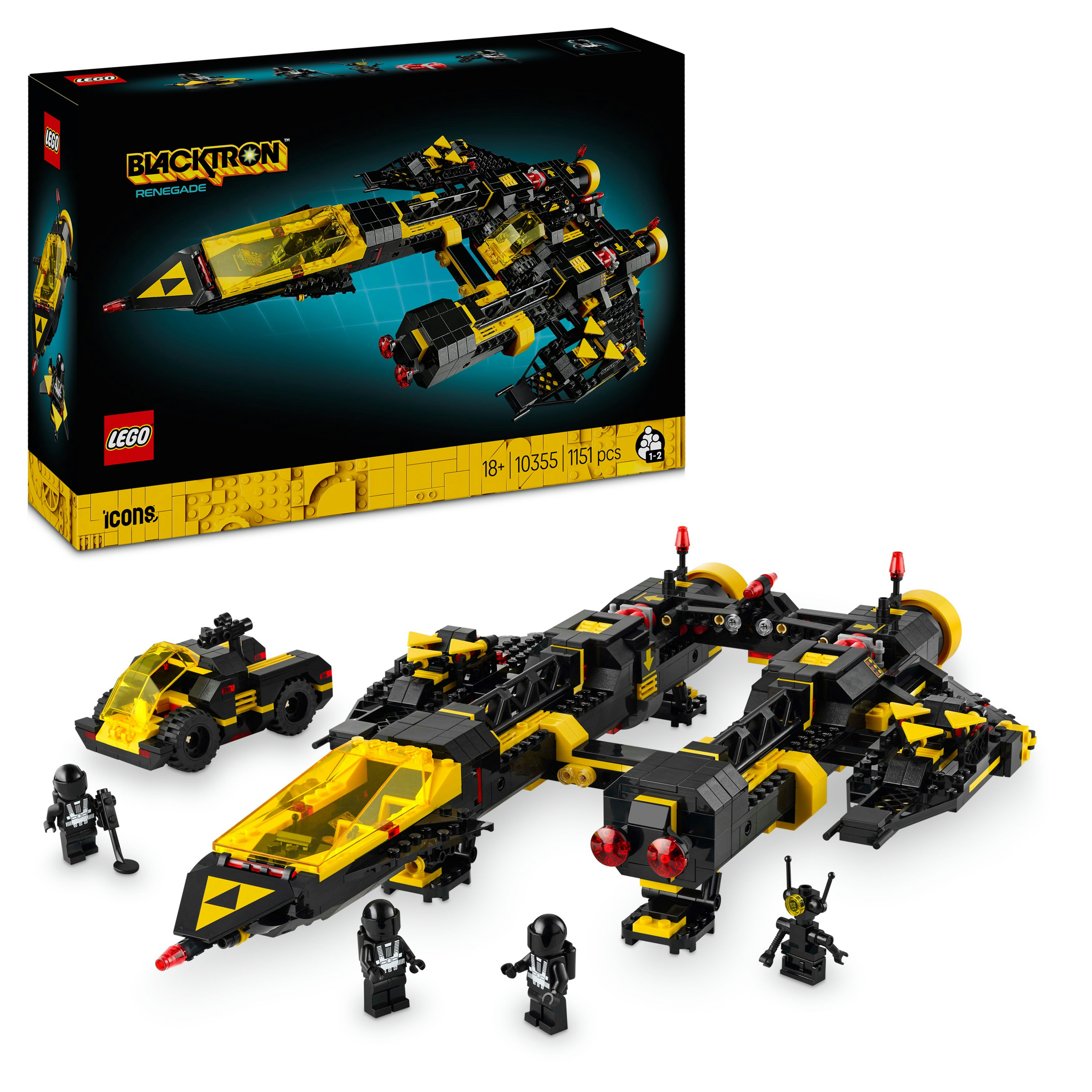 Set LEGO Blacktron Renegade. Astronave nera e gialla, auto e figure su sfondo bianco, con scatola dietro.