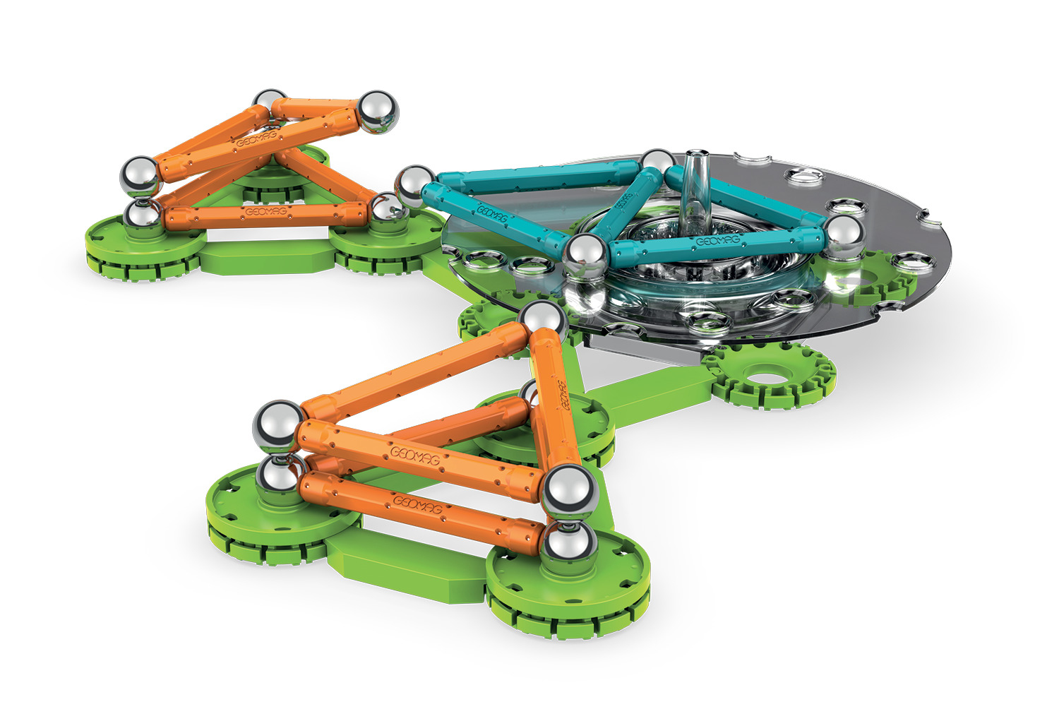 Eine farbenfrohe Geomag-Struktur. Orange und türkisfarbene Stäbe verbinden sich mit silbernen Kugeln. Grüne Basiselemente stützen die Struktur.