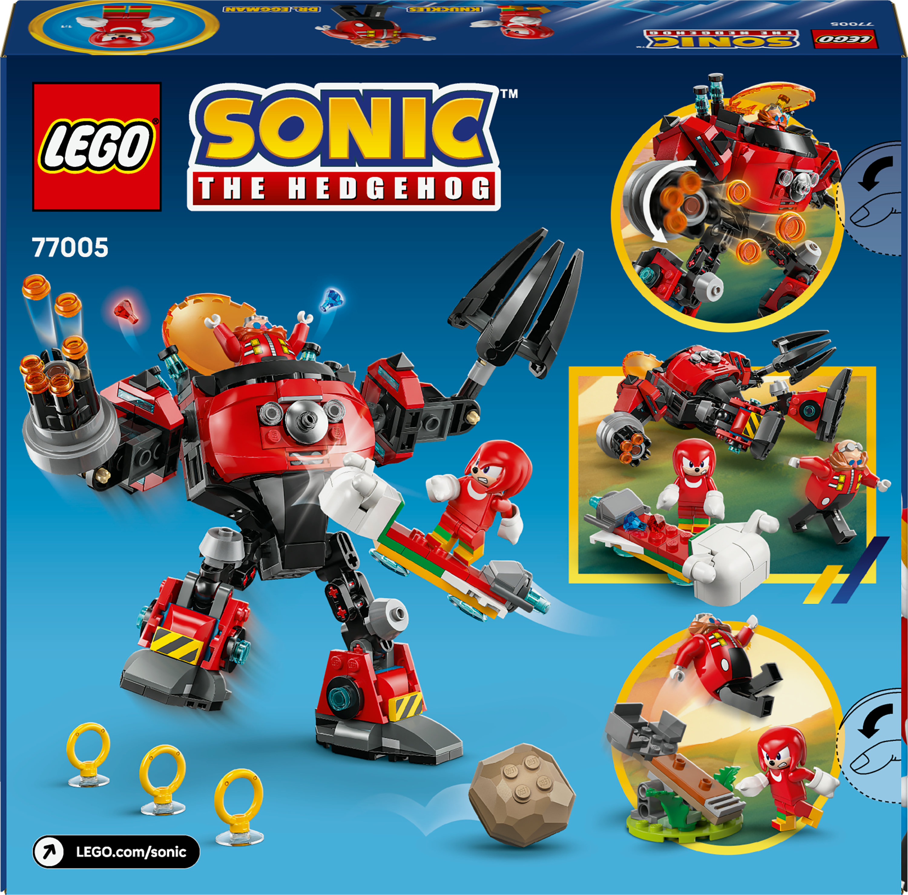 Scatola del set LEGO Sonic The Hedgehog. Presenta il mech del Dr. Eggman, Knuckles e altri personaggi.