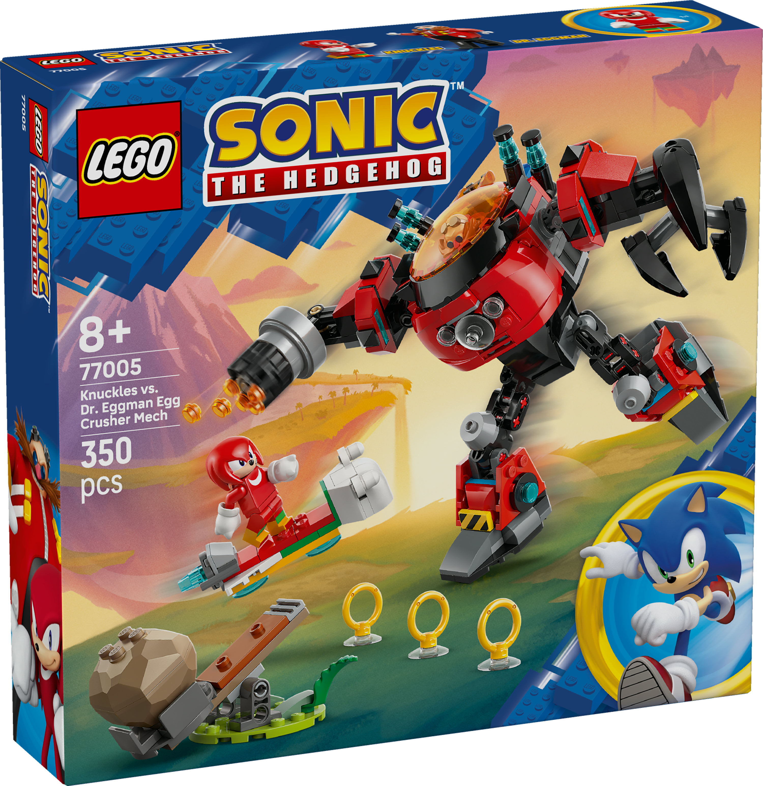 Scatola del set Lego Sonic. Knuckles e il mech di Eggman, Sonic e anelli sono presenti. Il set include 350 pezzi.