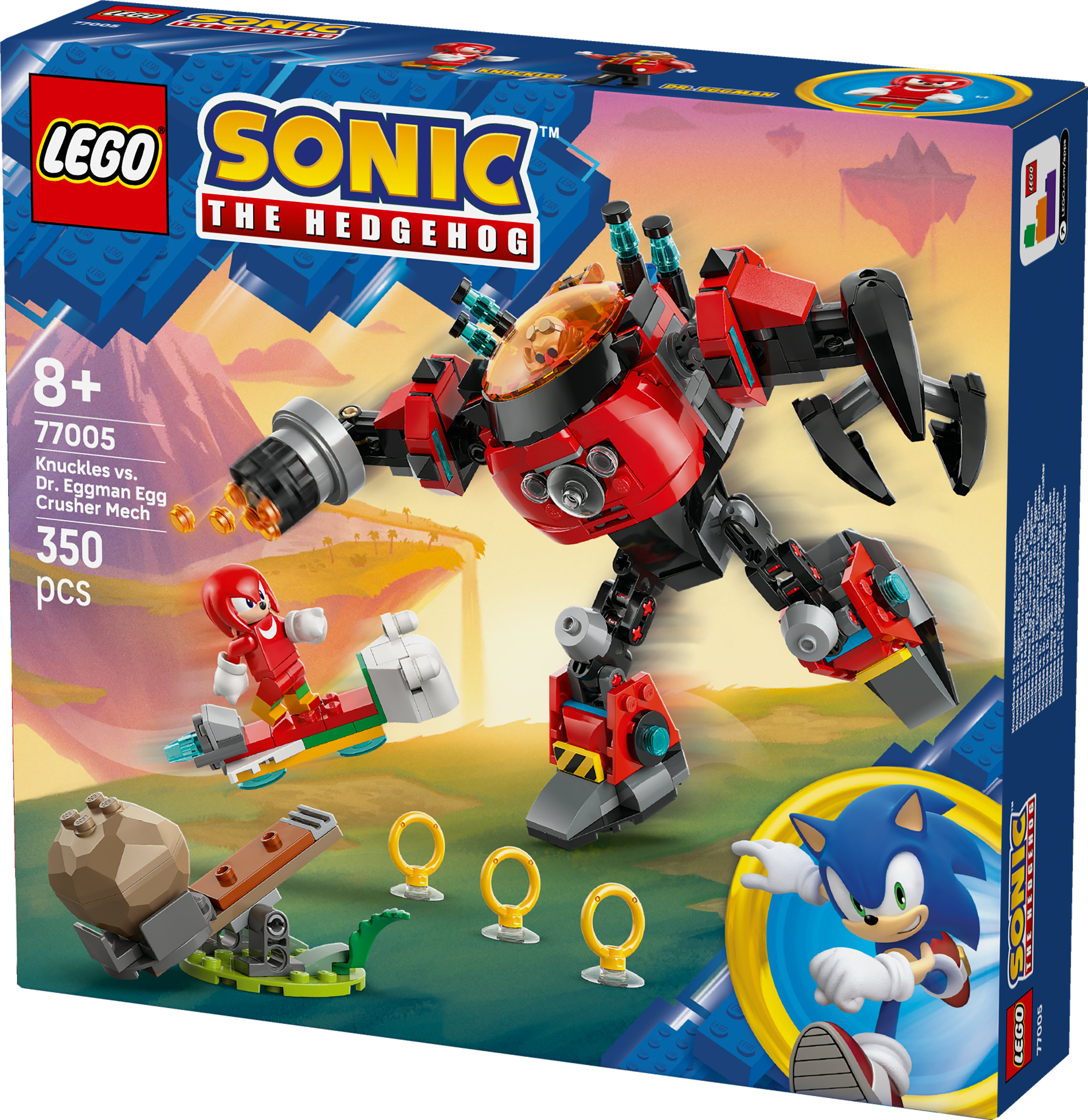 Scatola del set Lego Sonic. Include un mech rosso, Knuckles su una tavola, Sonic e Dr. Eggman. Lo sfondo è un paesaggio.