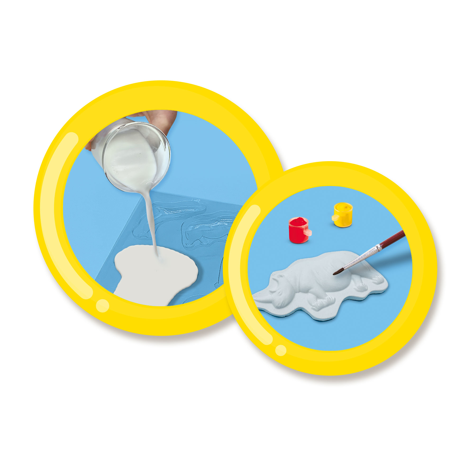 Obraz przedstawia projekt rzemieślniczy. Wlewanie białej cieczy do formy. Kształt misia malowany na czerwono i żółto.